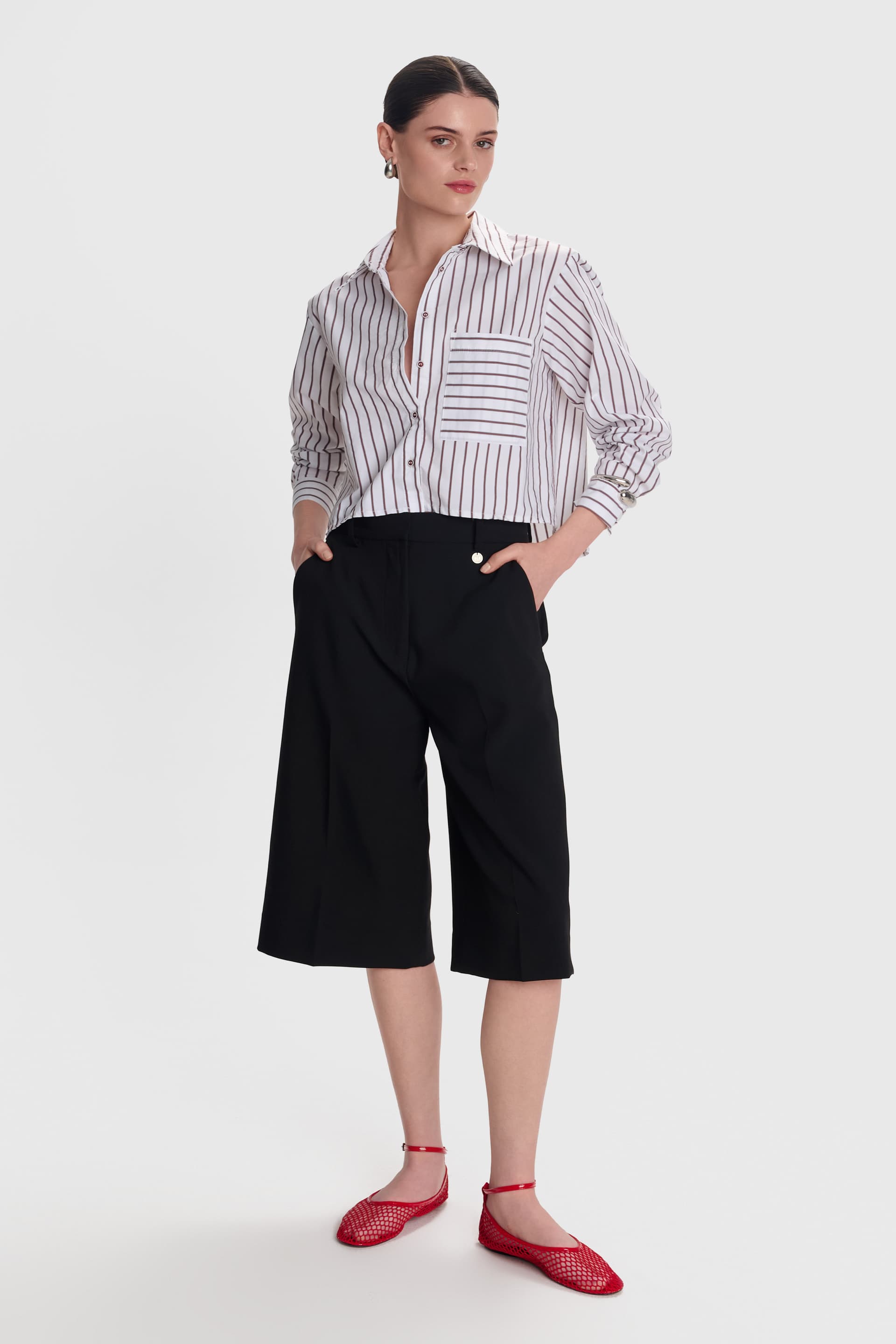 Πουκάμισο cropped με ρίγα - Λευκό