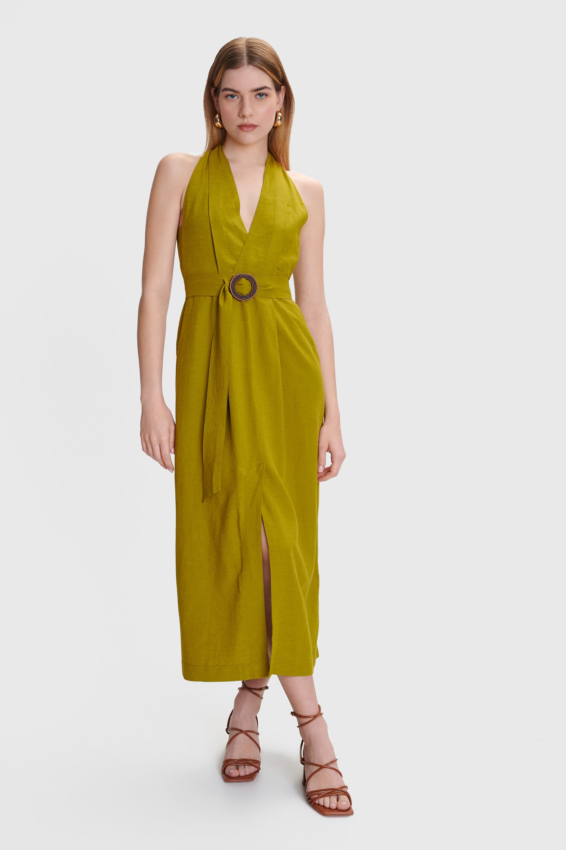 Φόρεμα μίντι με ζώνη - Λαχανί