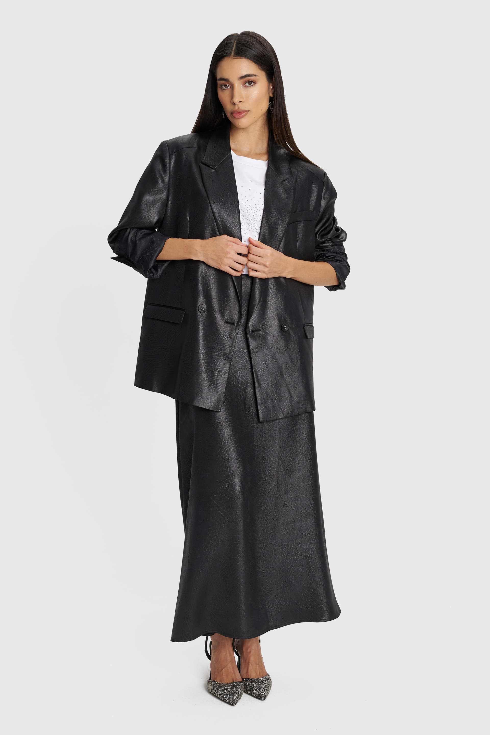 Σακάκι δερματίνη με διακοσμητικές τσέπες - Μαύρο