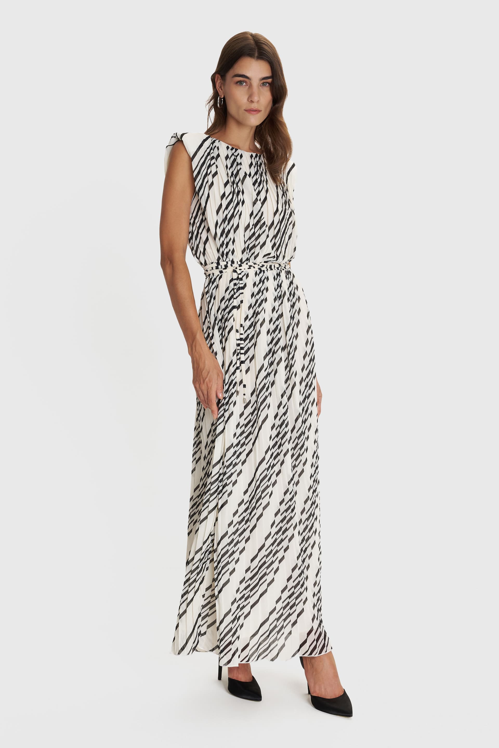 Αμάνικο μάξι φόρεμα με ριγέ print - Εκρού