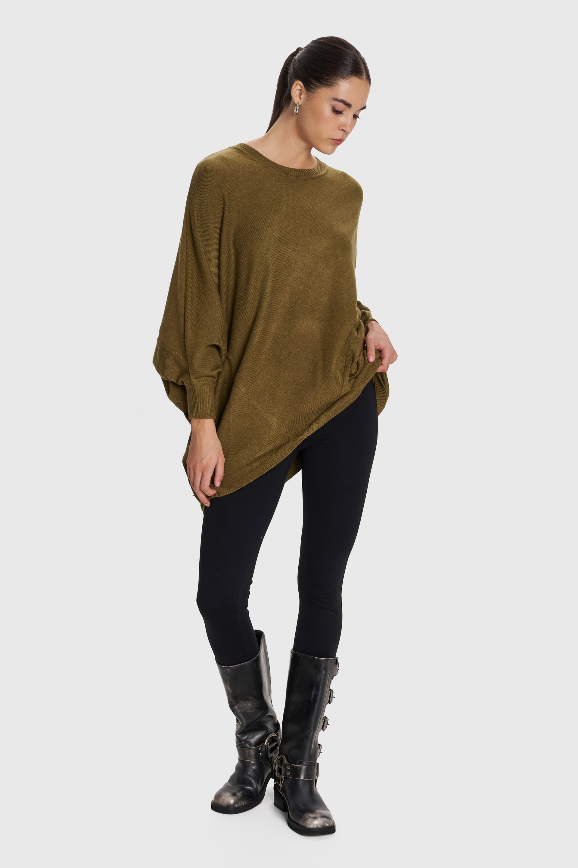 Μπλούζα πλεκτή με μανίκι νυχτερίδα - Λαχανί