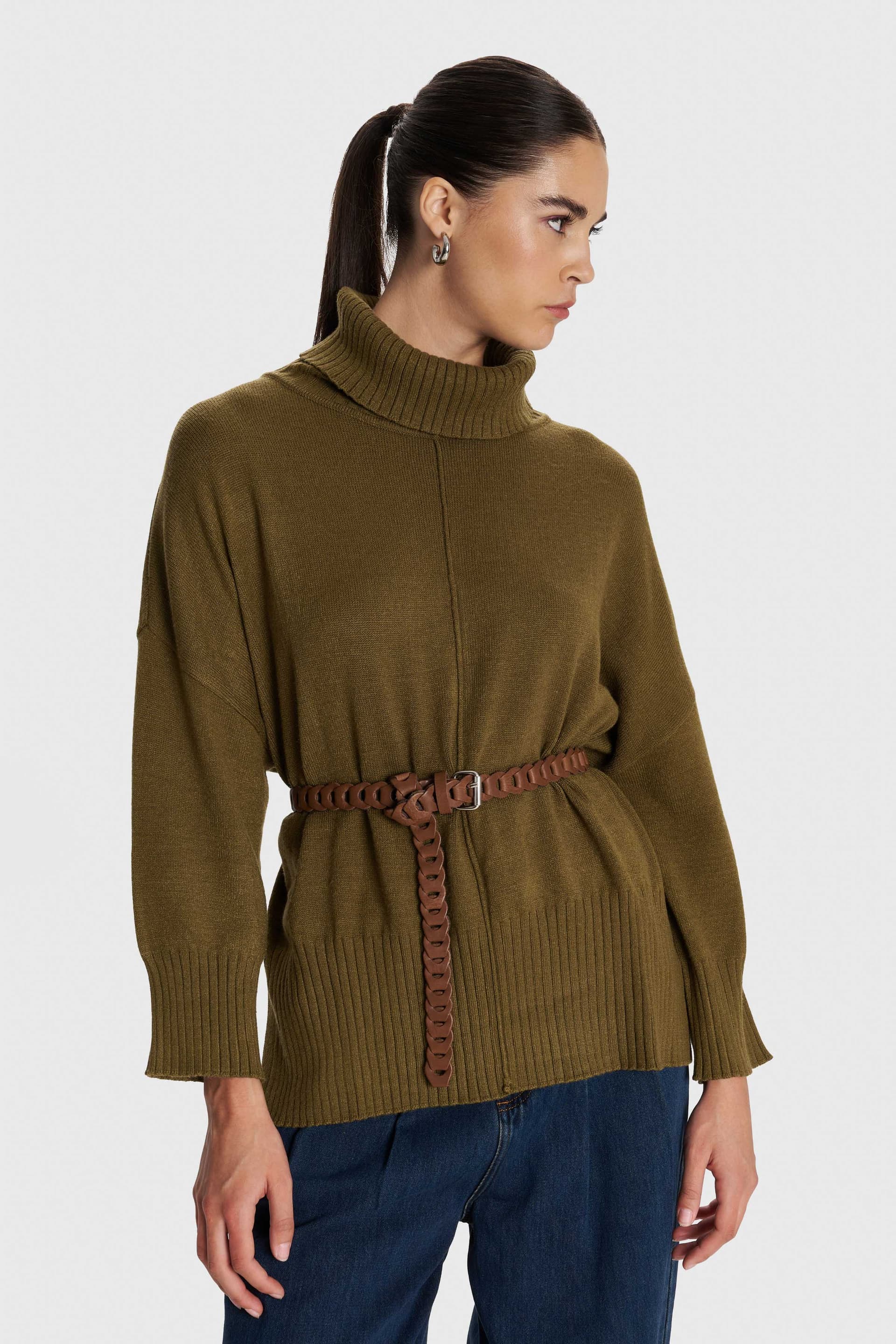 Μπλούζα πλεκτή με loose λαιμό - Λαχανί