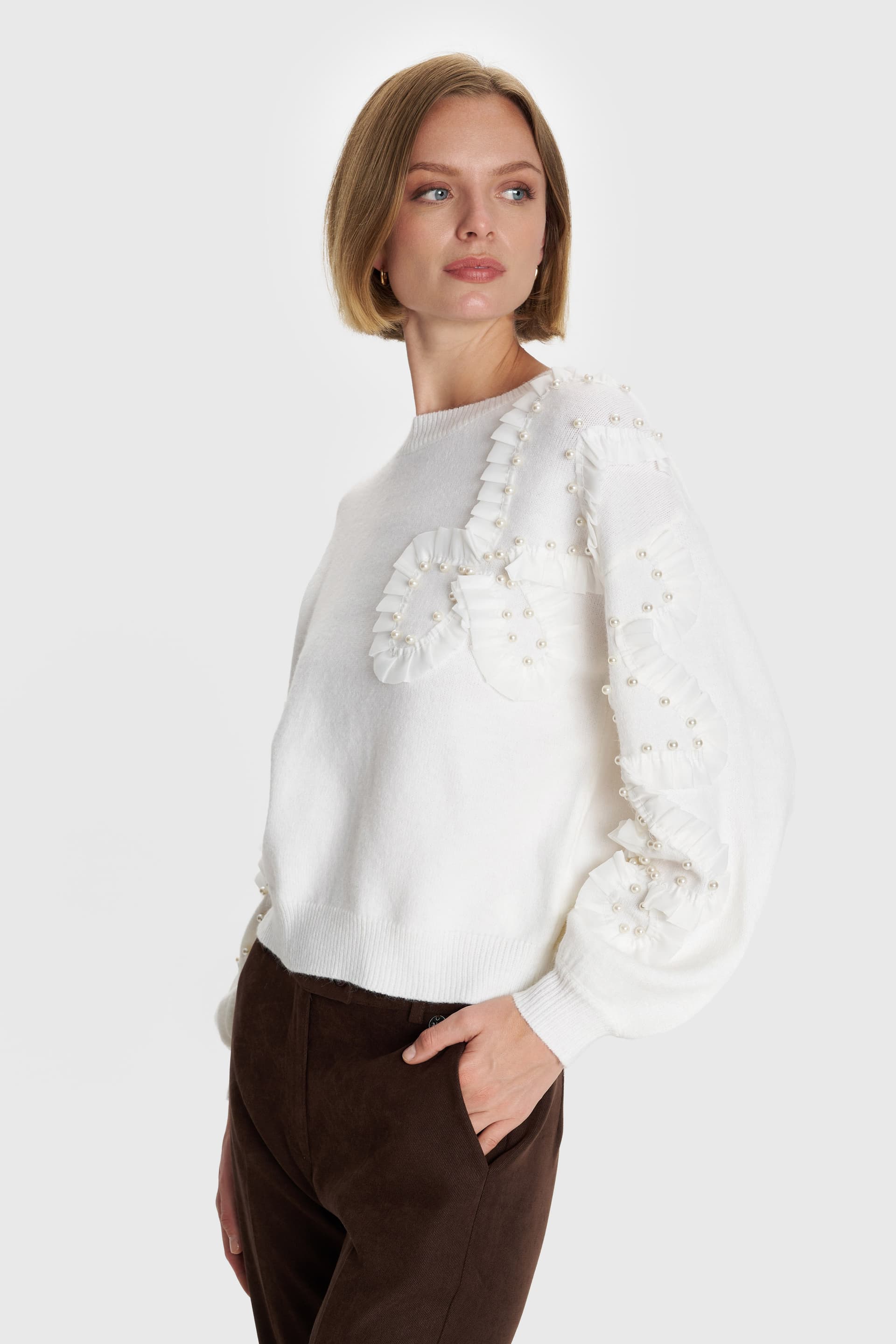 Μπλούζα πλεκτή με διακοσμητικές πέρλες - Λευκό