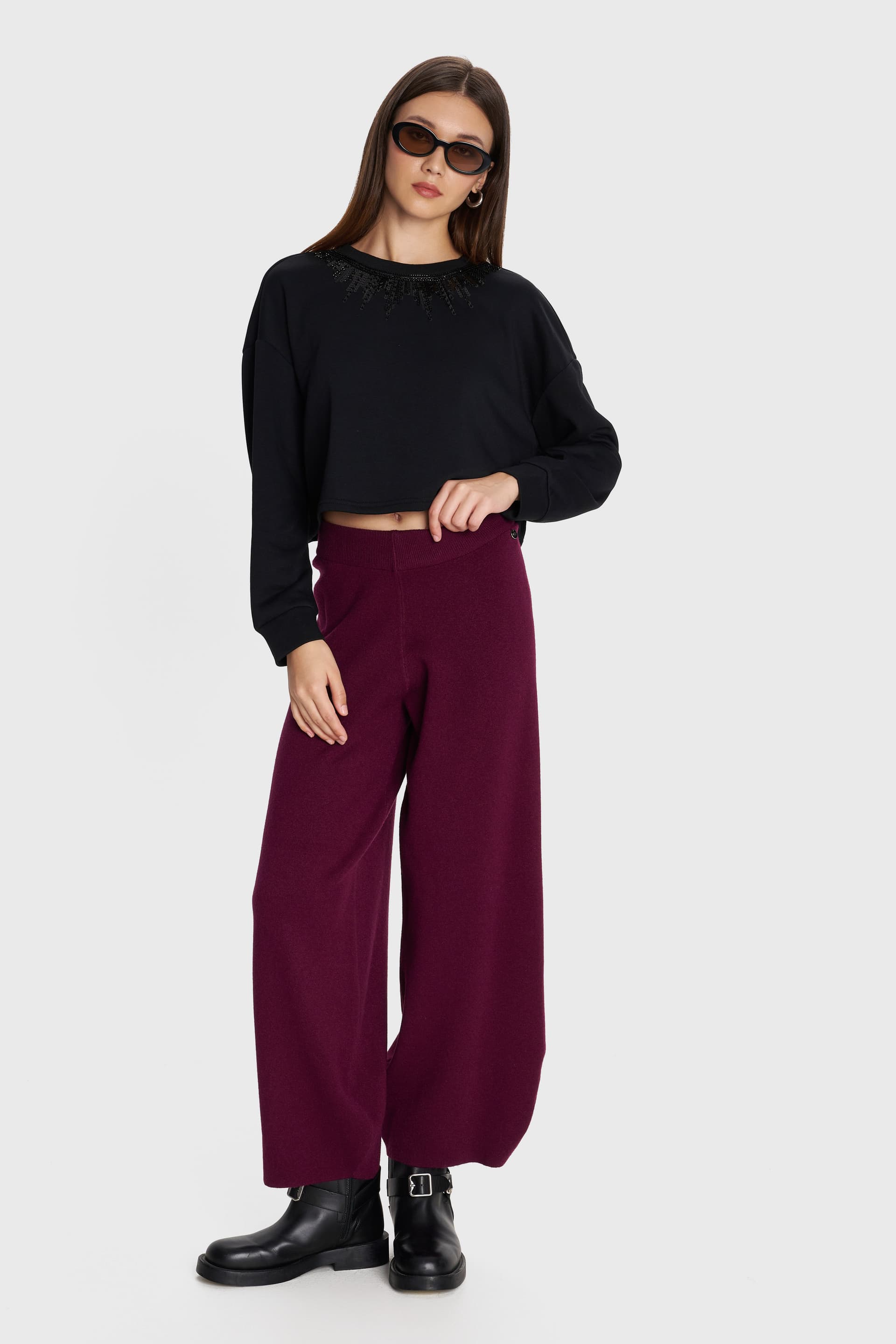 Παντελόνι barrel με ελαστική μέση - BURGUNDY