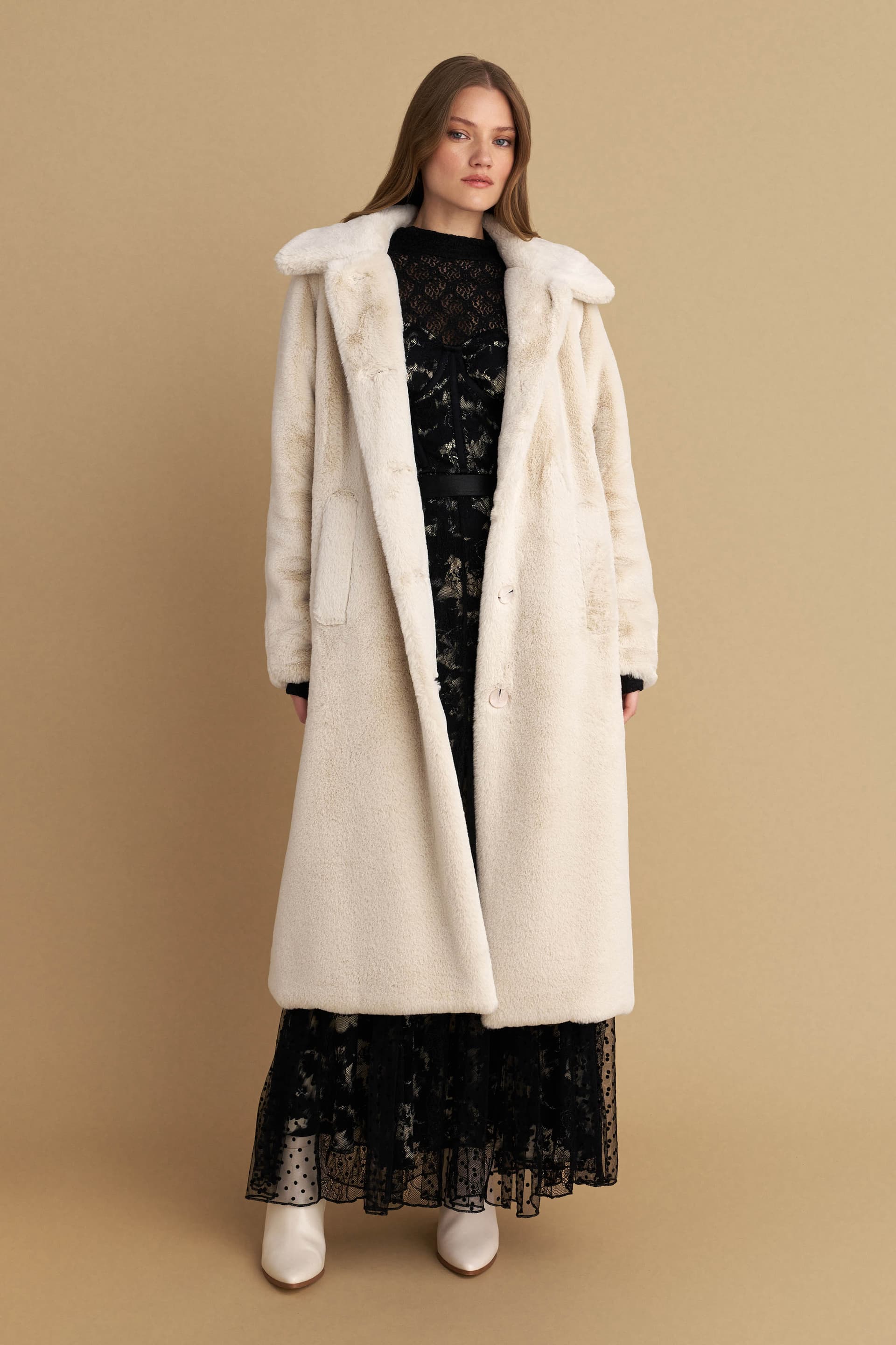 Παλτό μακρύ με εφέ γούνας - Εκρού