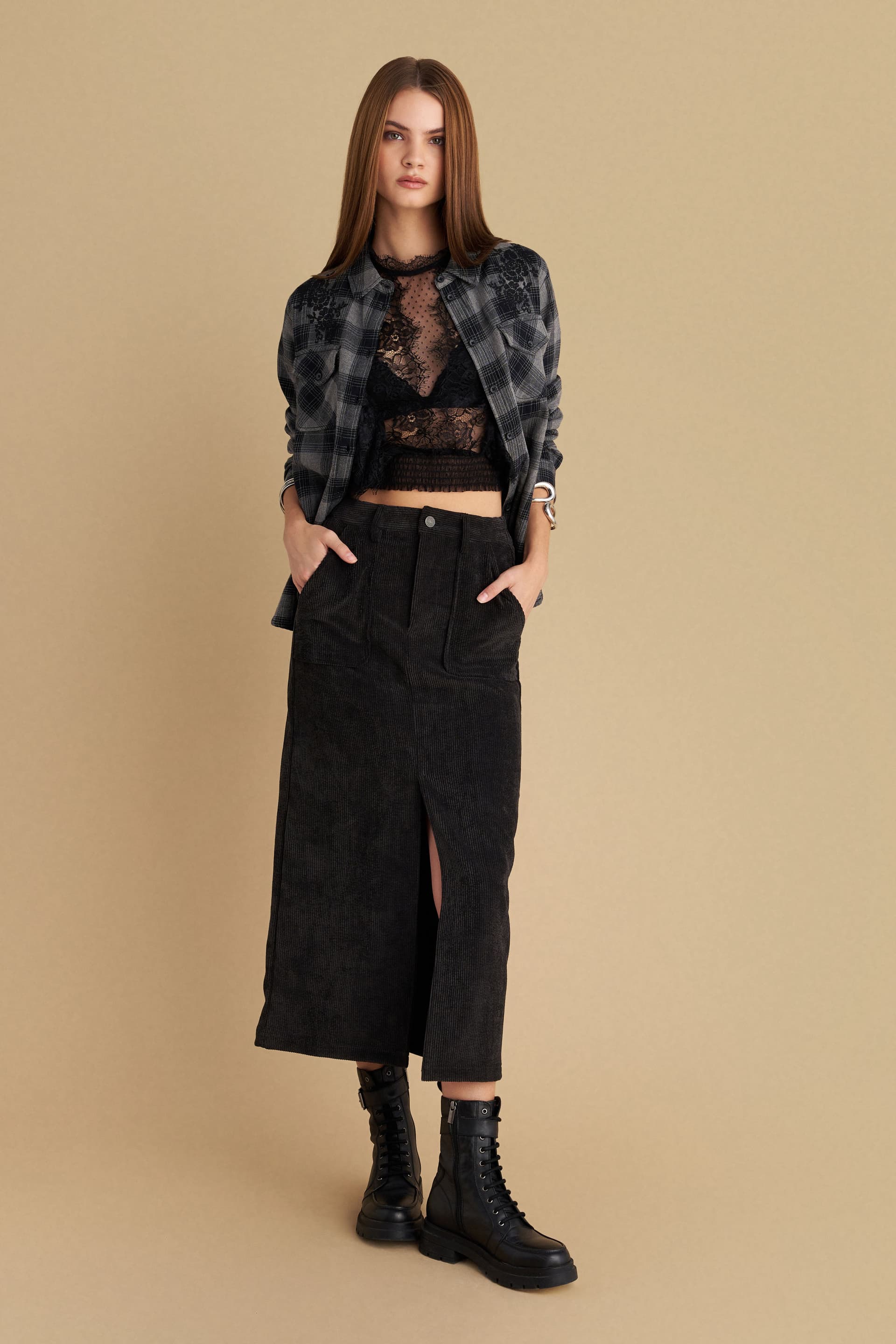 Φούστα μίντι κοτλέ - Γκρι