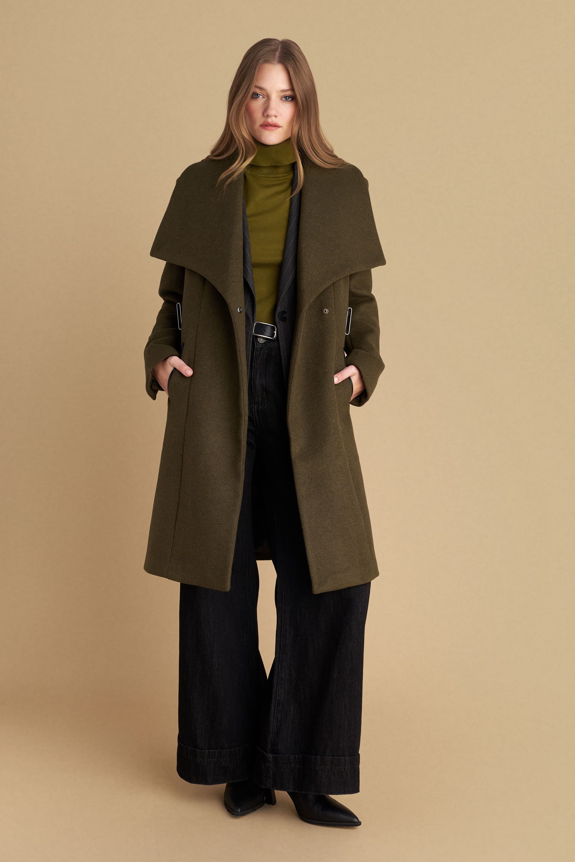 Παλτό μίντι με ζώνη - Λαδί