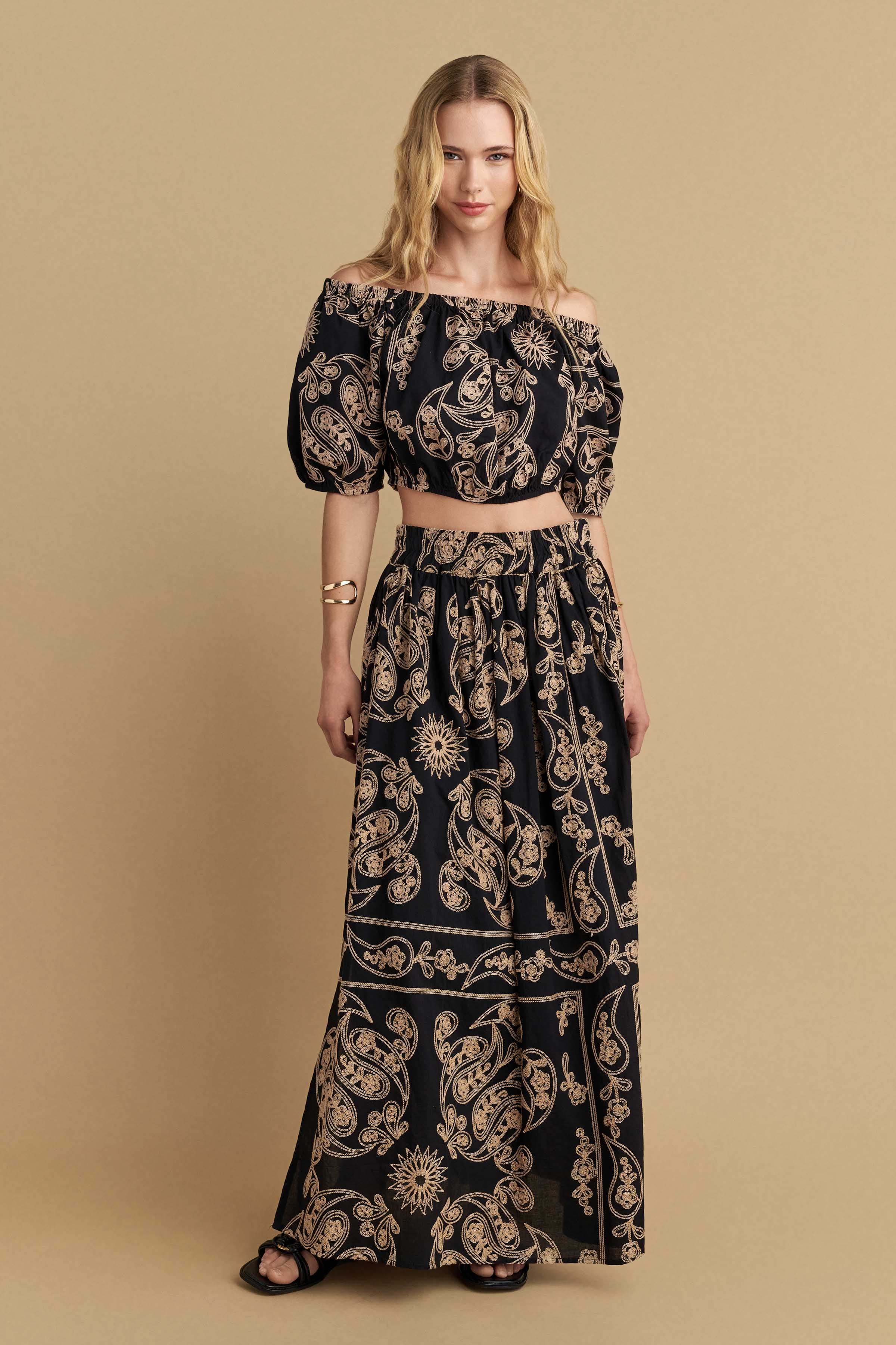 Φούστα μακριά εμπριμέ - Μαύρο