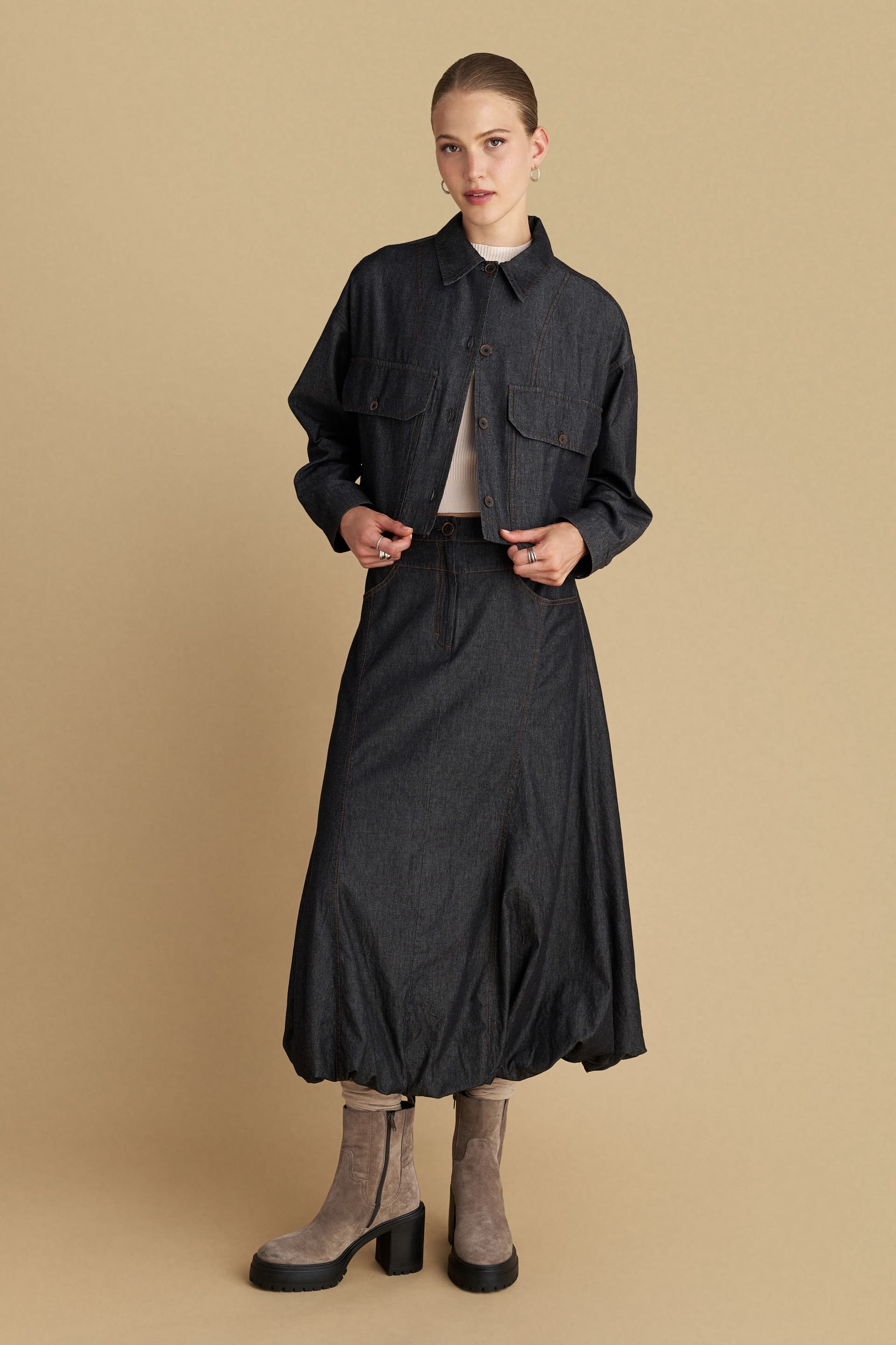 Πουκάμισο κροπ τύπου denim - Μαύρο