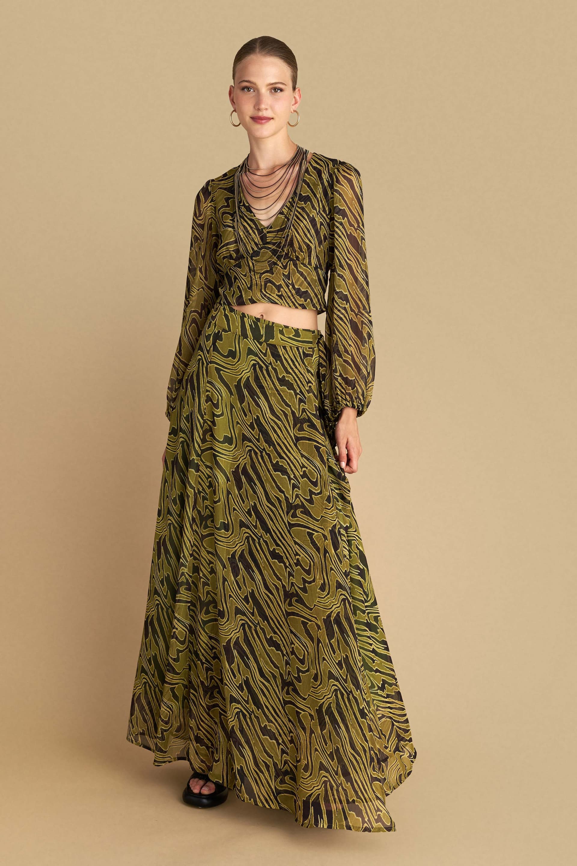 Φούστα μάξι εμπριμέ με ζώνη - CELERY