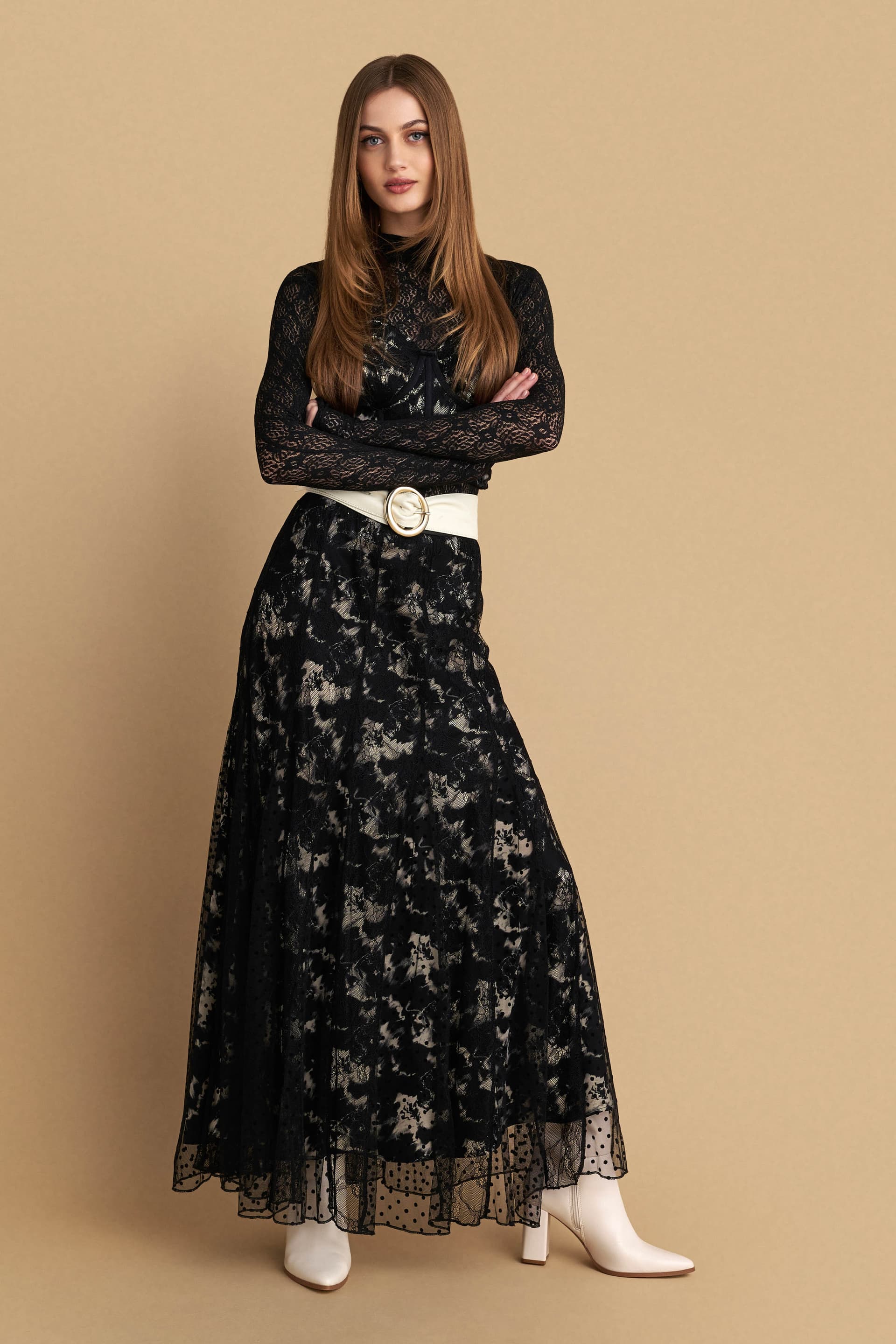 Φούστα σετ μάξι με δαντέλα - Μαύρο