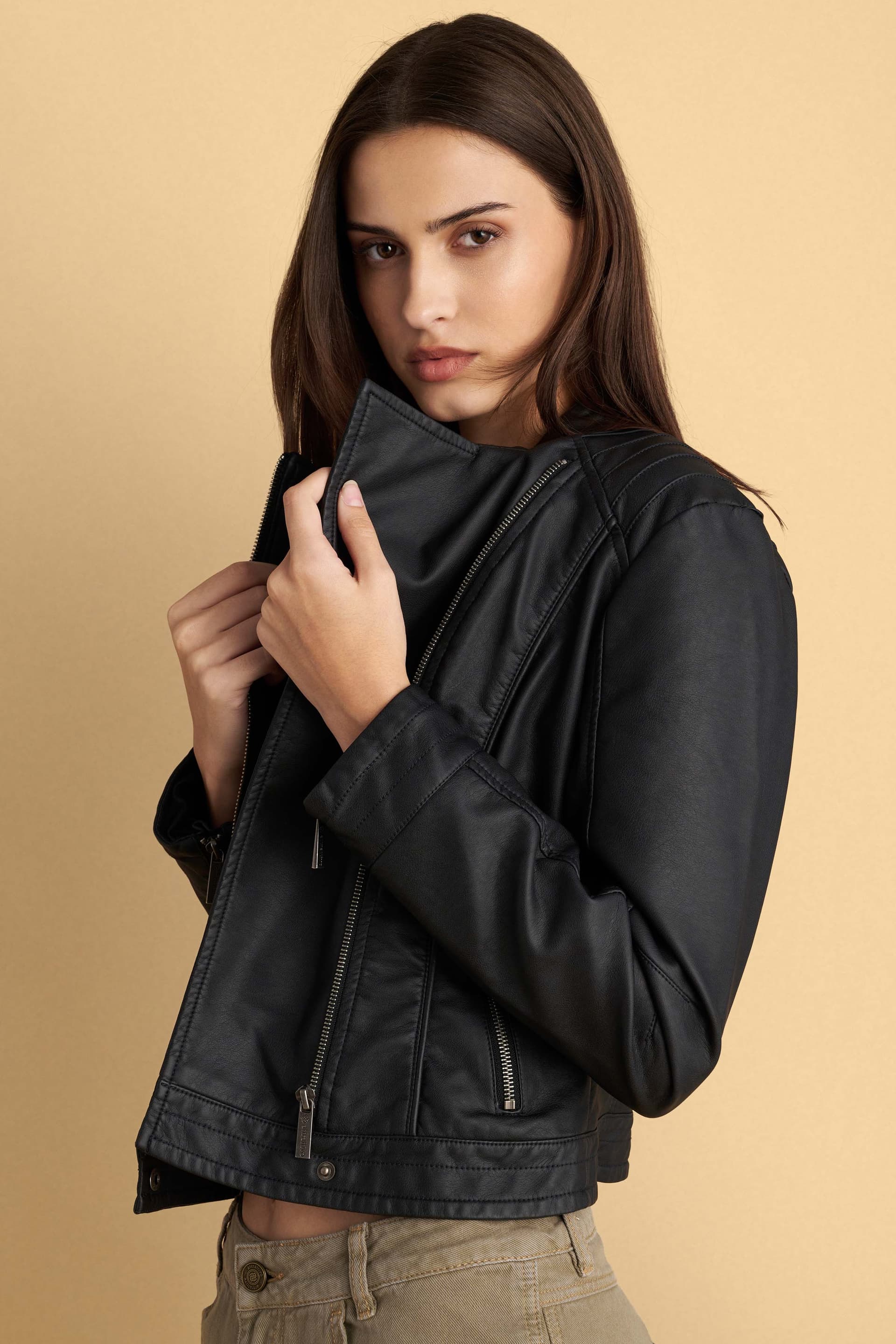 Μπουφάν δερματίνη biker - Μαύρο