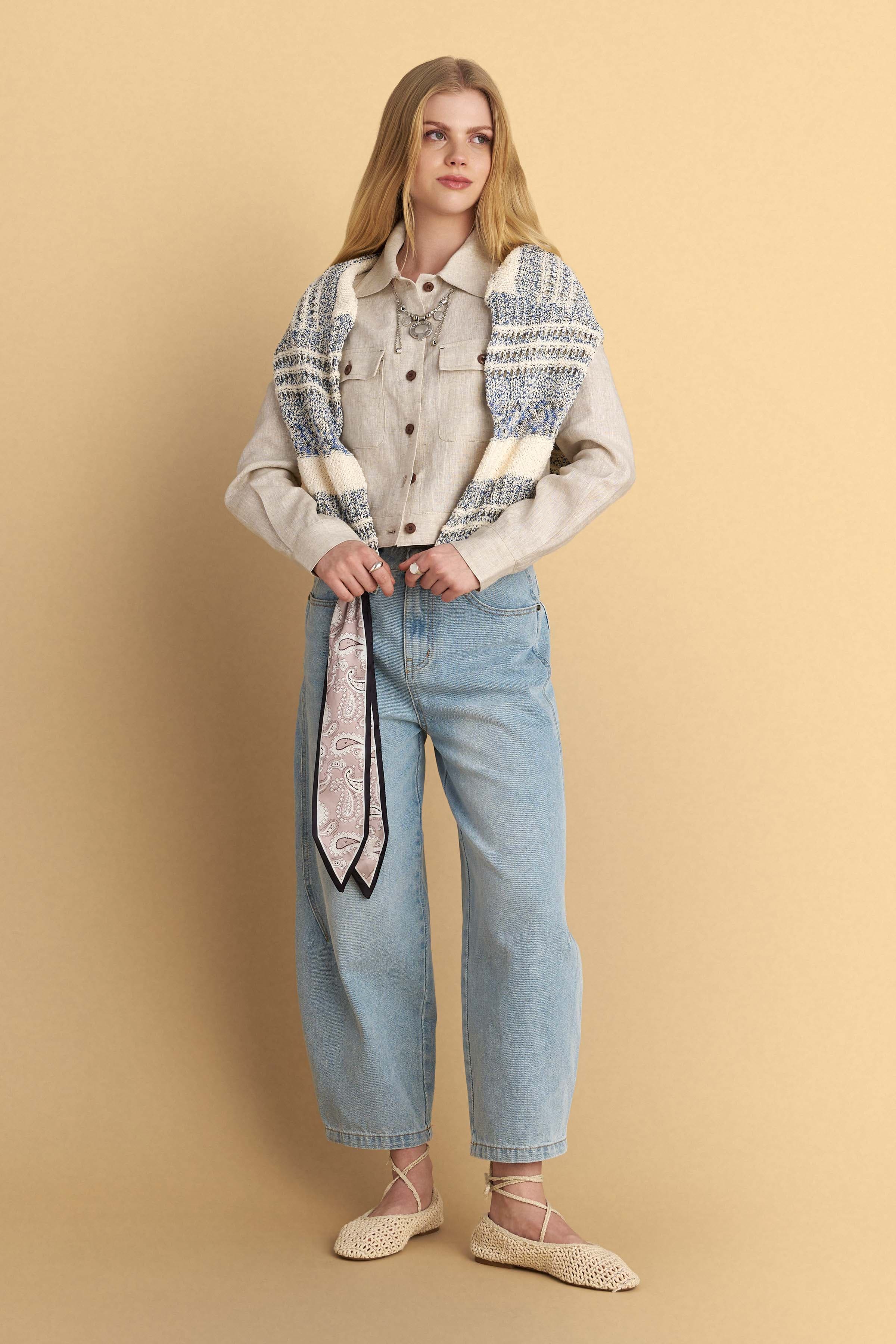 Παντελόνι τζιν barrel με φουλάρι - Μπλε