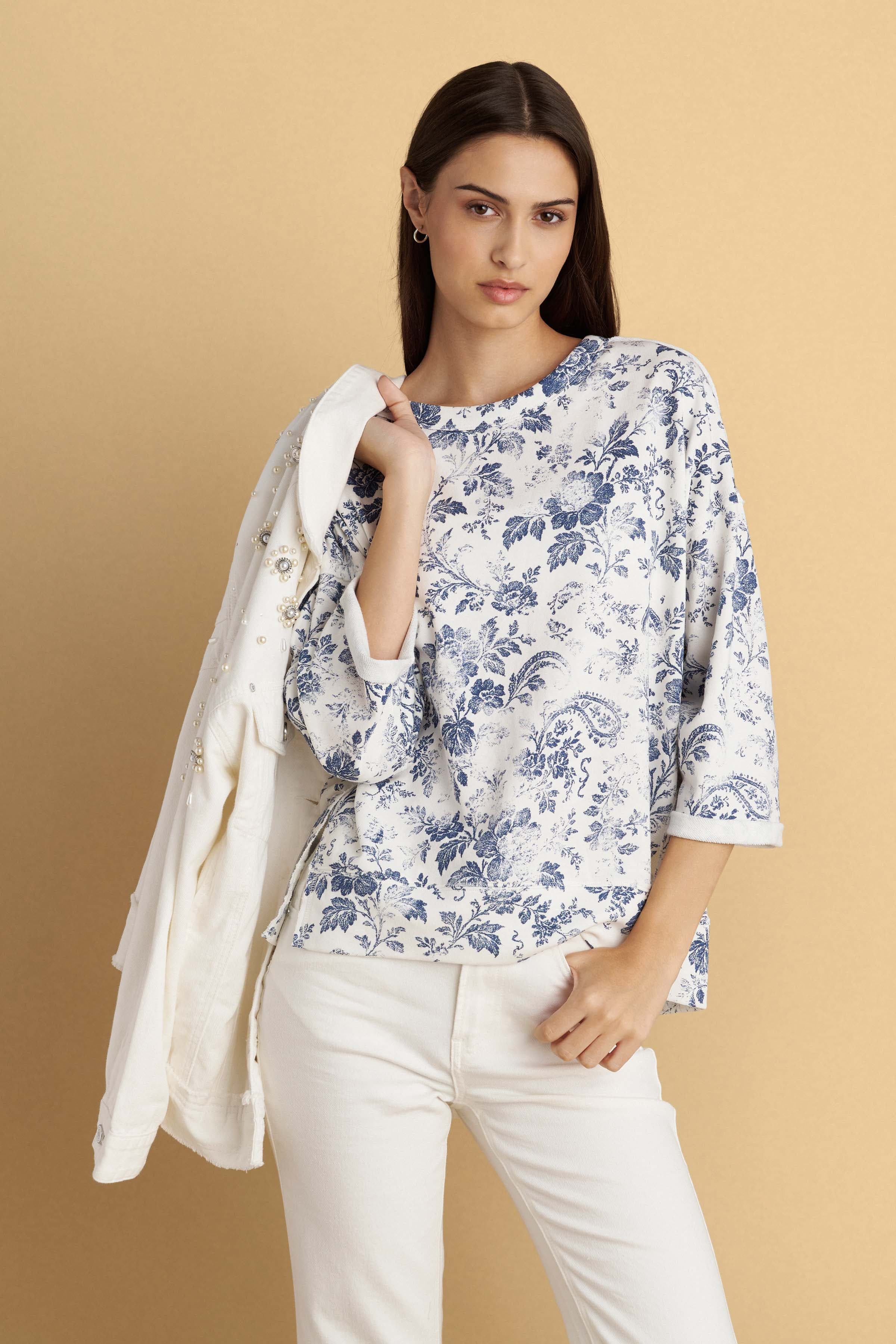 Μπλούζα φούτερ με φλοράλ τύπωμα - Λευκό