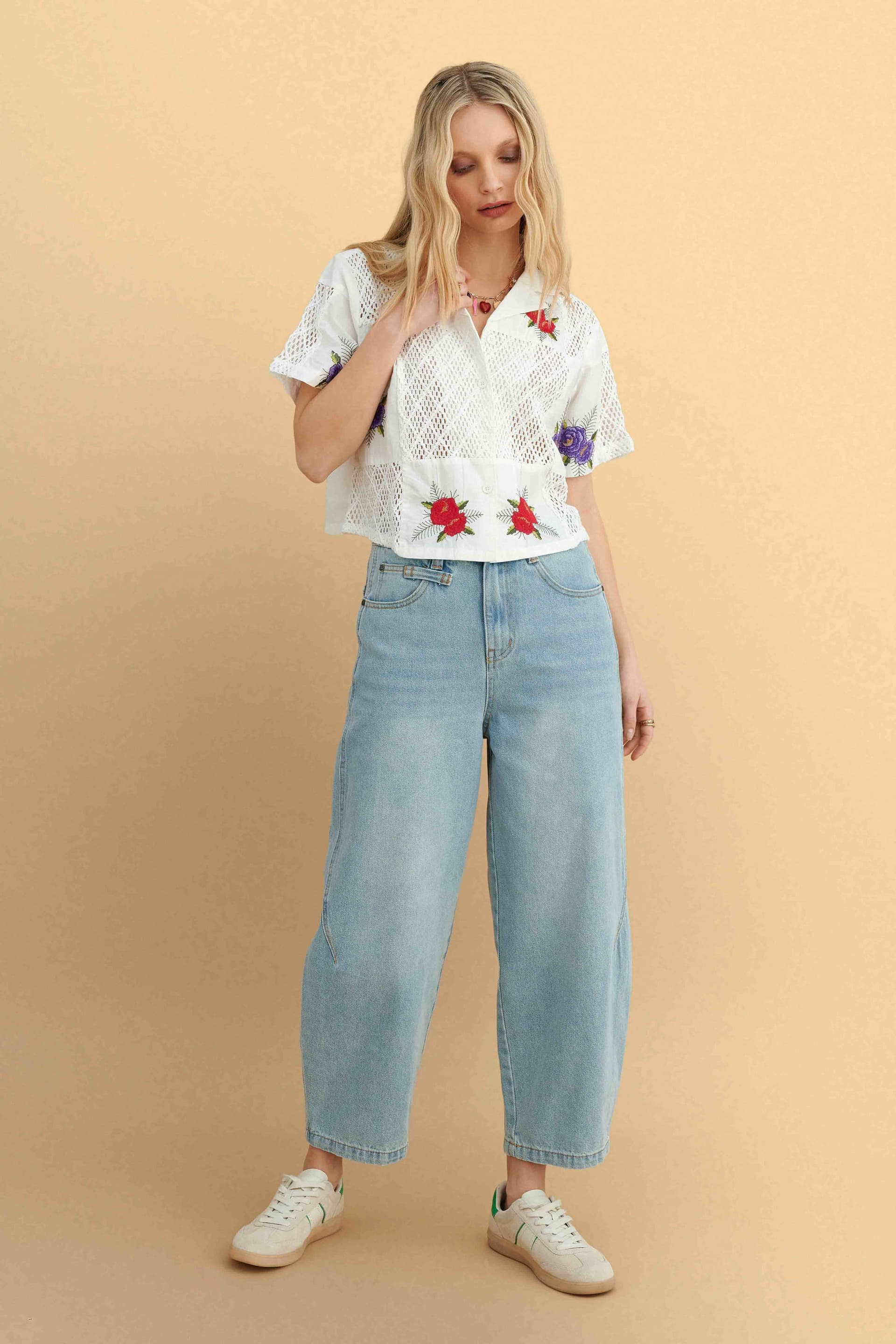 Πουκάμισο με κοντό μανίκι και κεντήματα - Λευκό