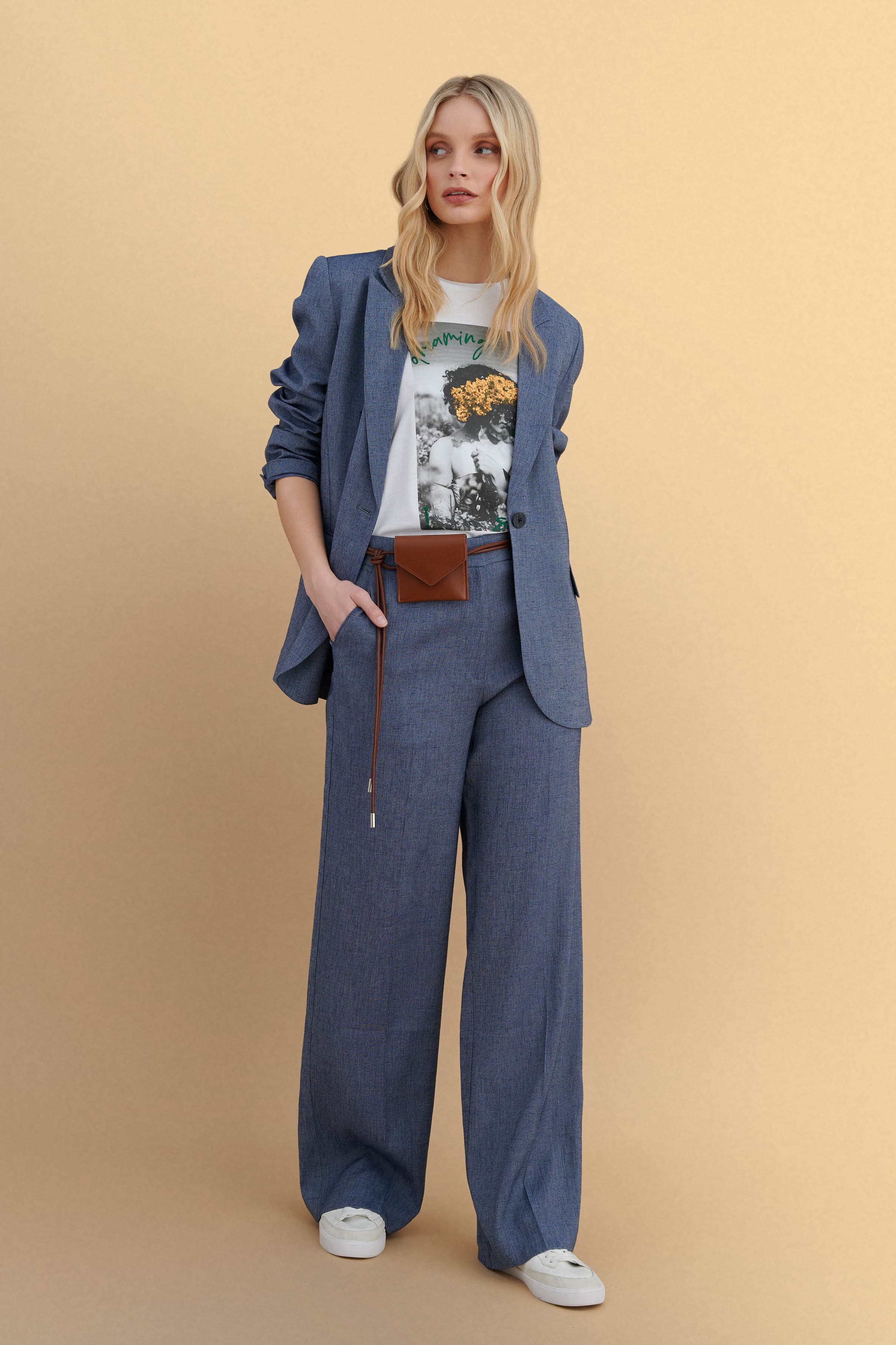 Παντελόνι κουστομιού με ζώνη - Μπλε