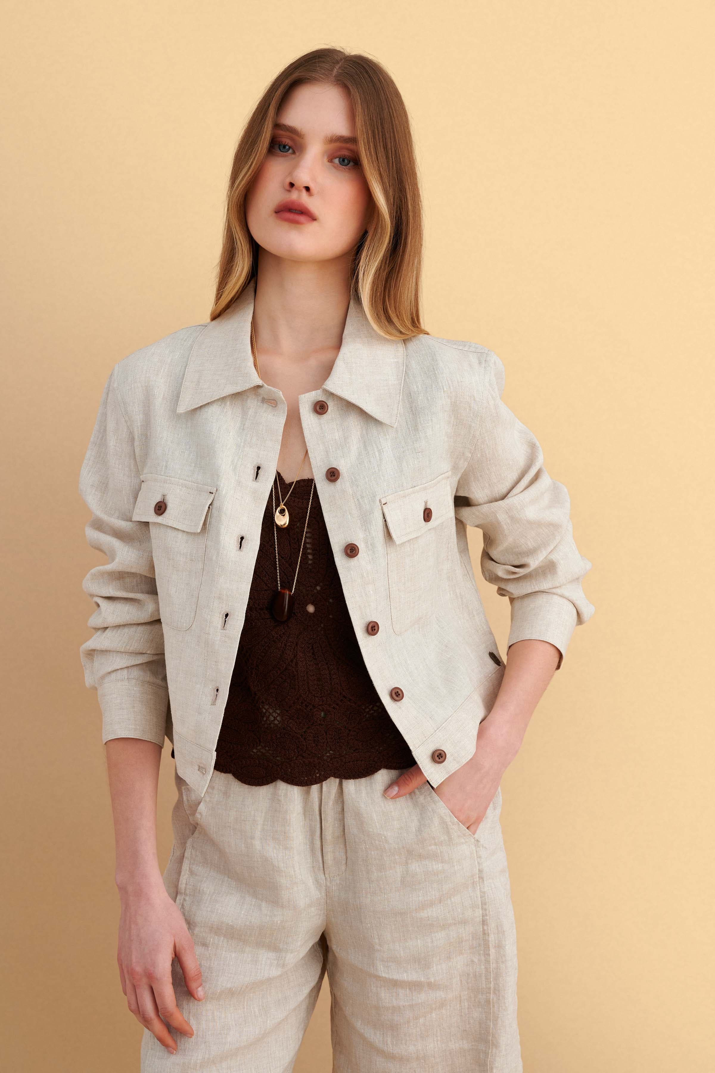Ζακέτα λινή με τσέπες - NATURAL