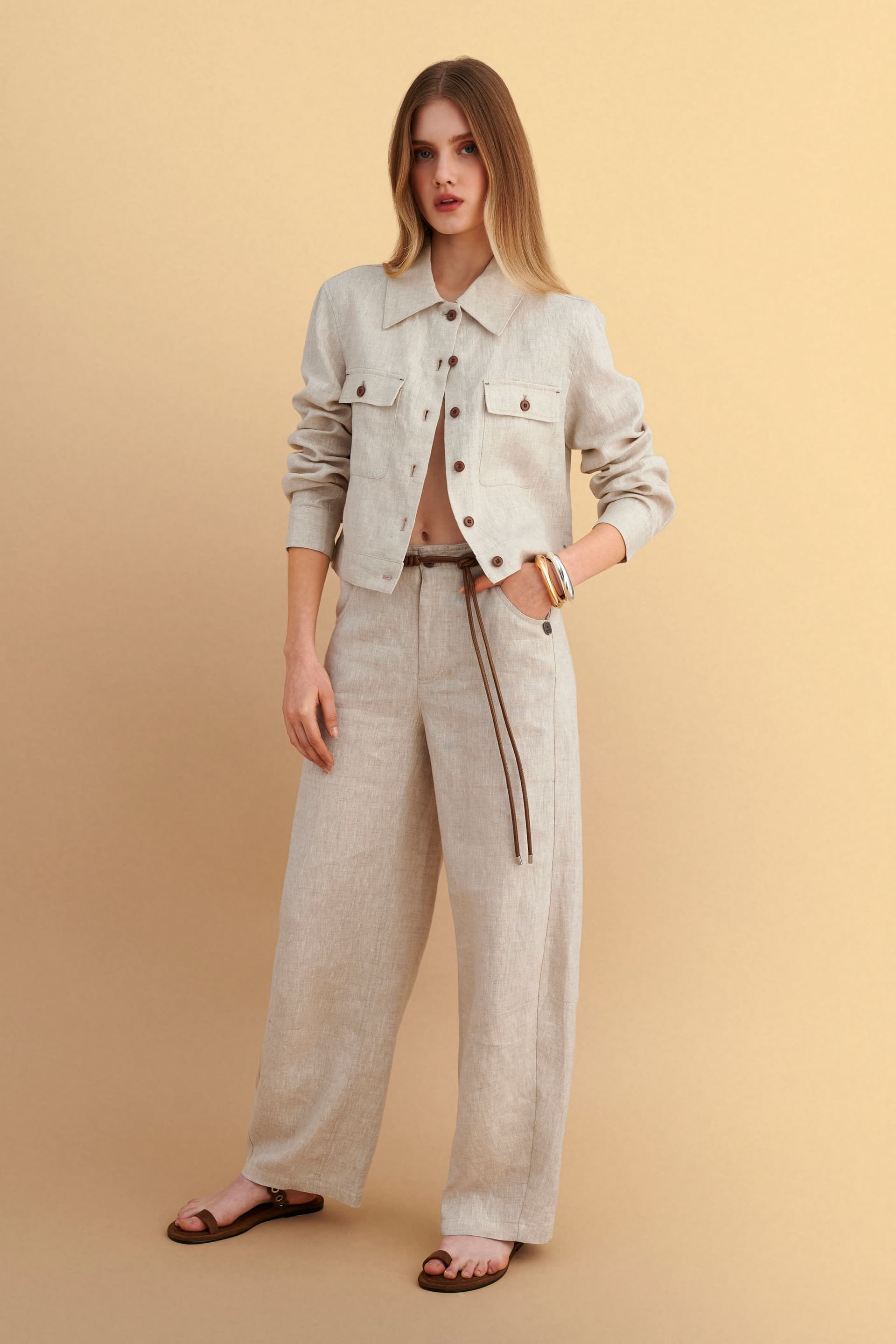 Λινό παντελόνι με ζωνάκι - NATURAL