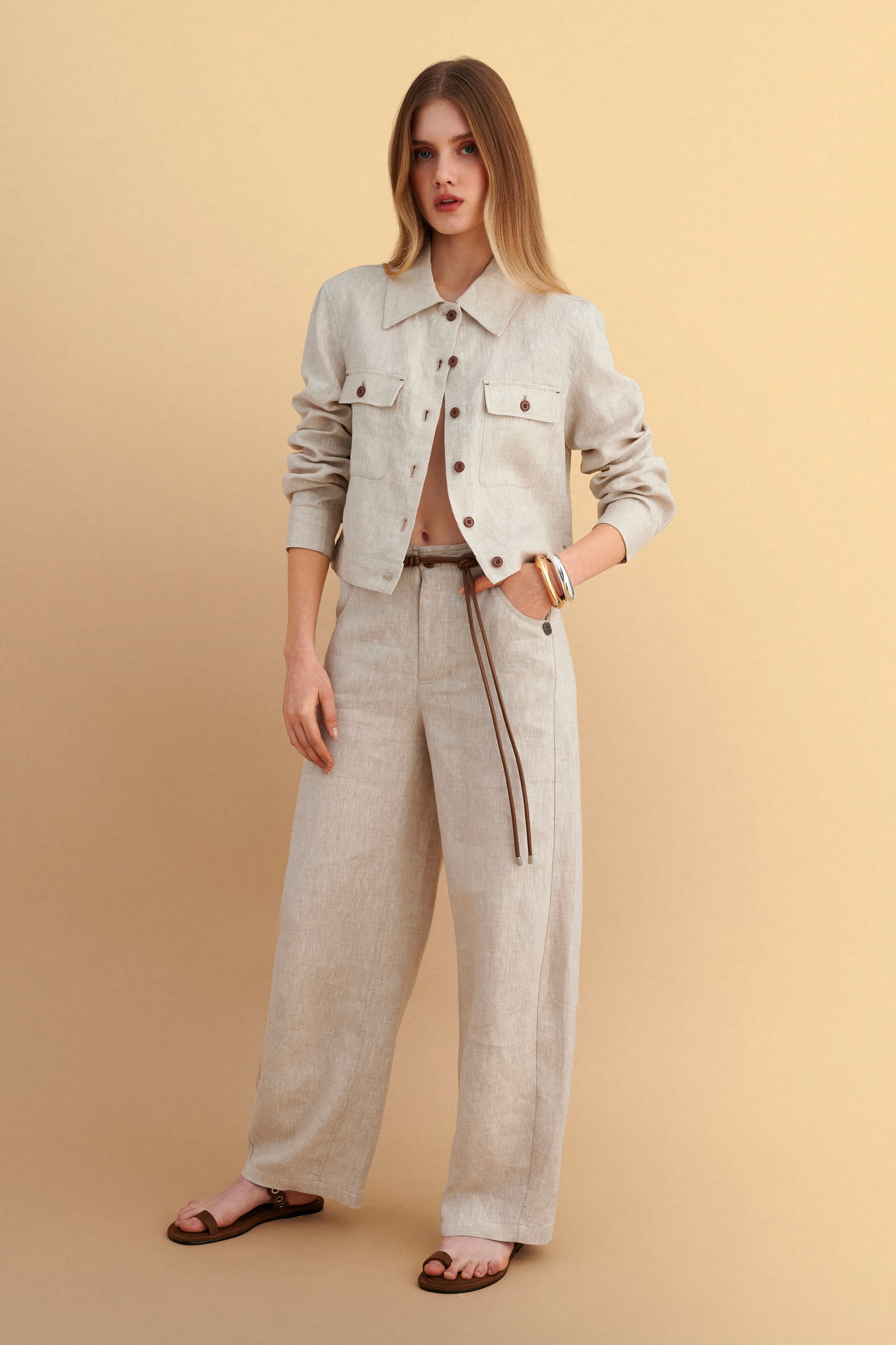 Λινό παντελόνι με ζωνάκι - NATURAL