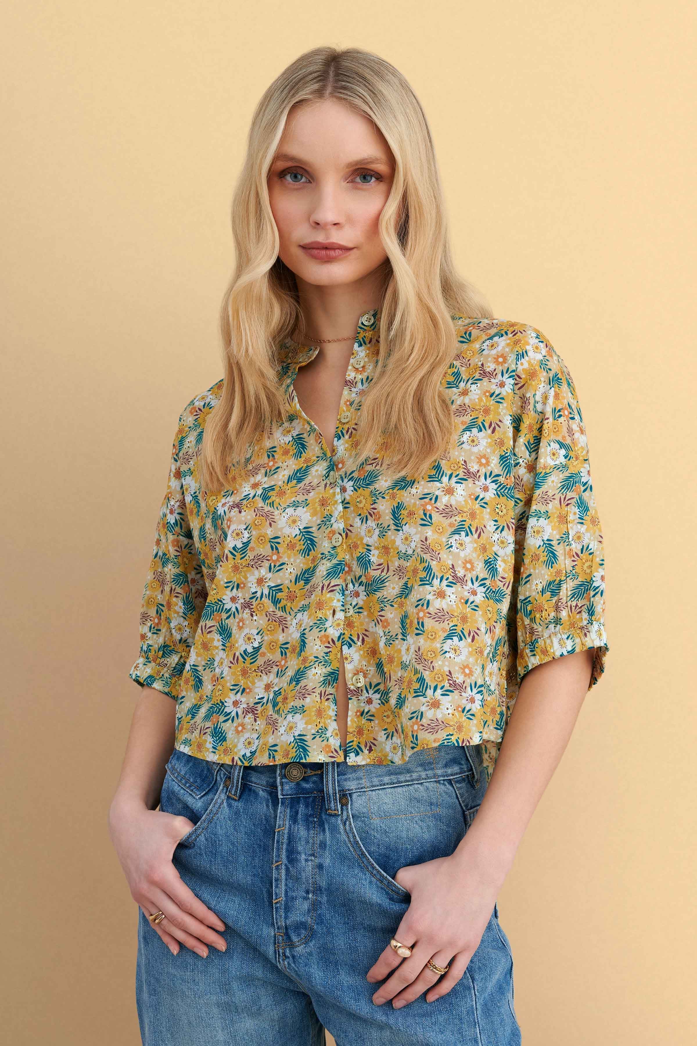 Πουκάμισο φλοράλ με 3/4 μανίκι - YELLOW