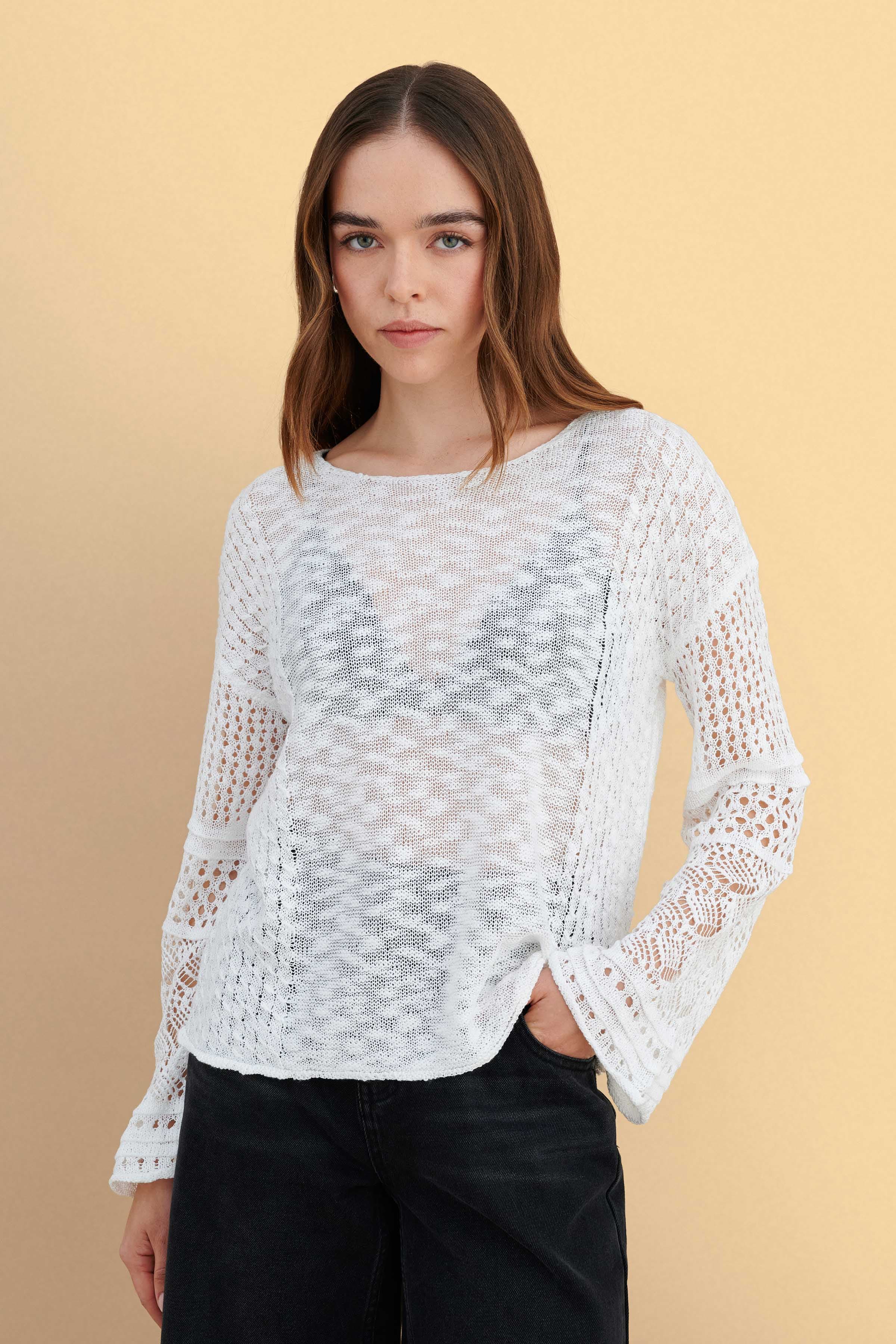 Μπλούζα πλεκτή με ιδιαίτερα μανίκια - Λευκό