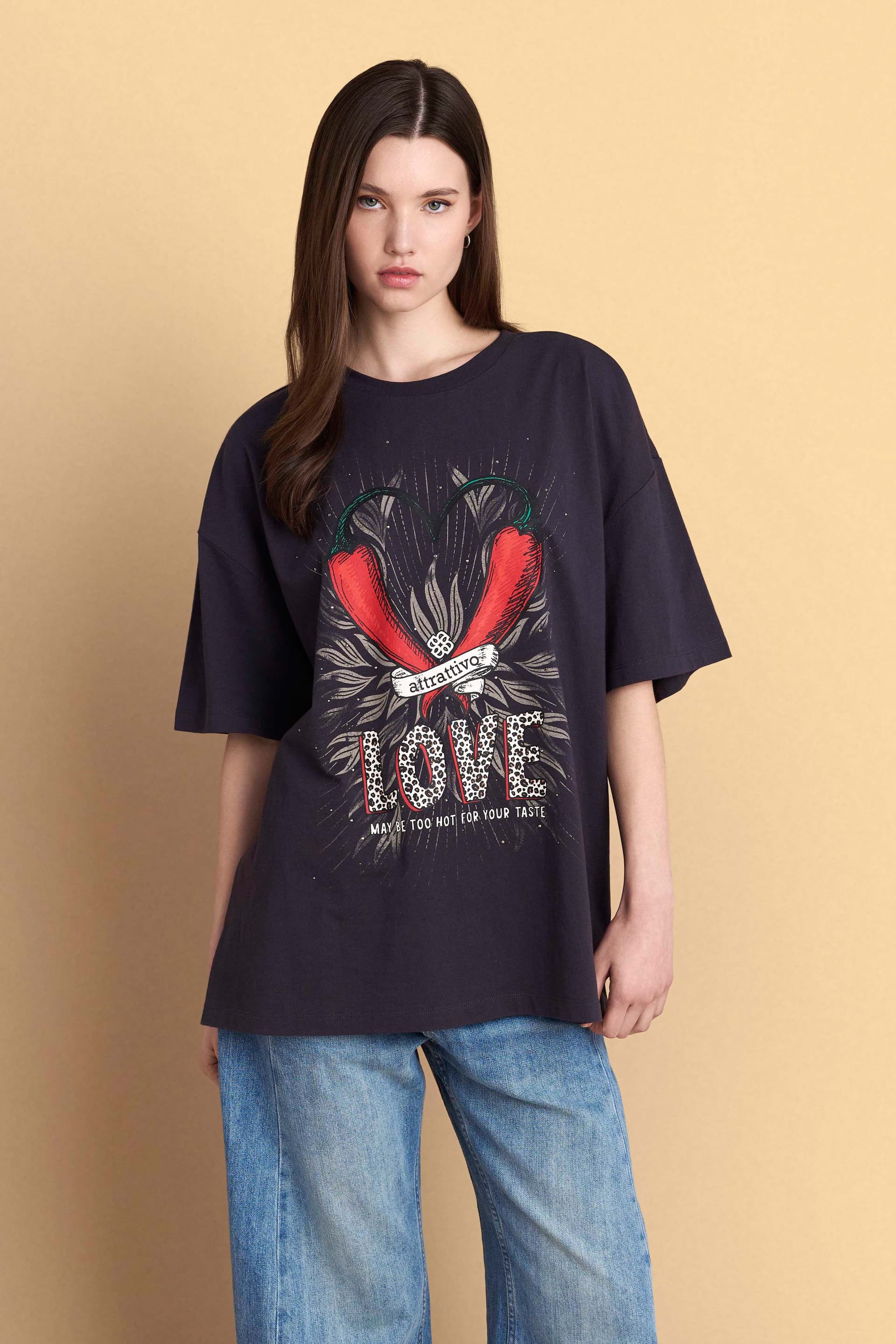 Μπλούζα κοντομάνικη με στάμπα - Μαύρο