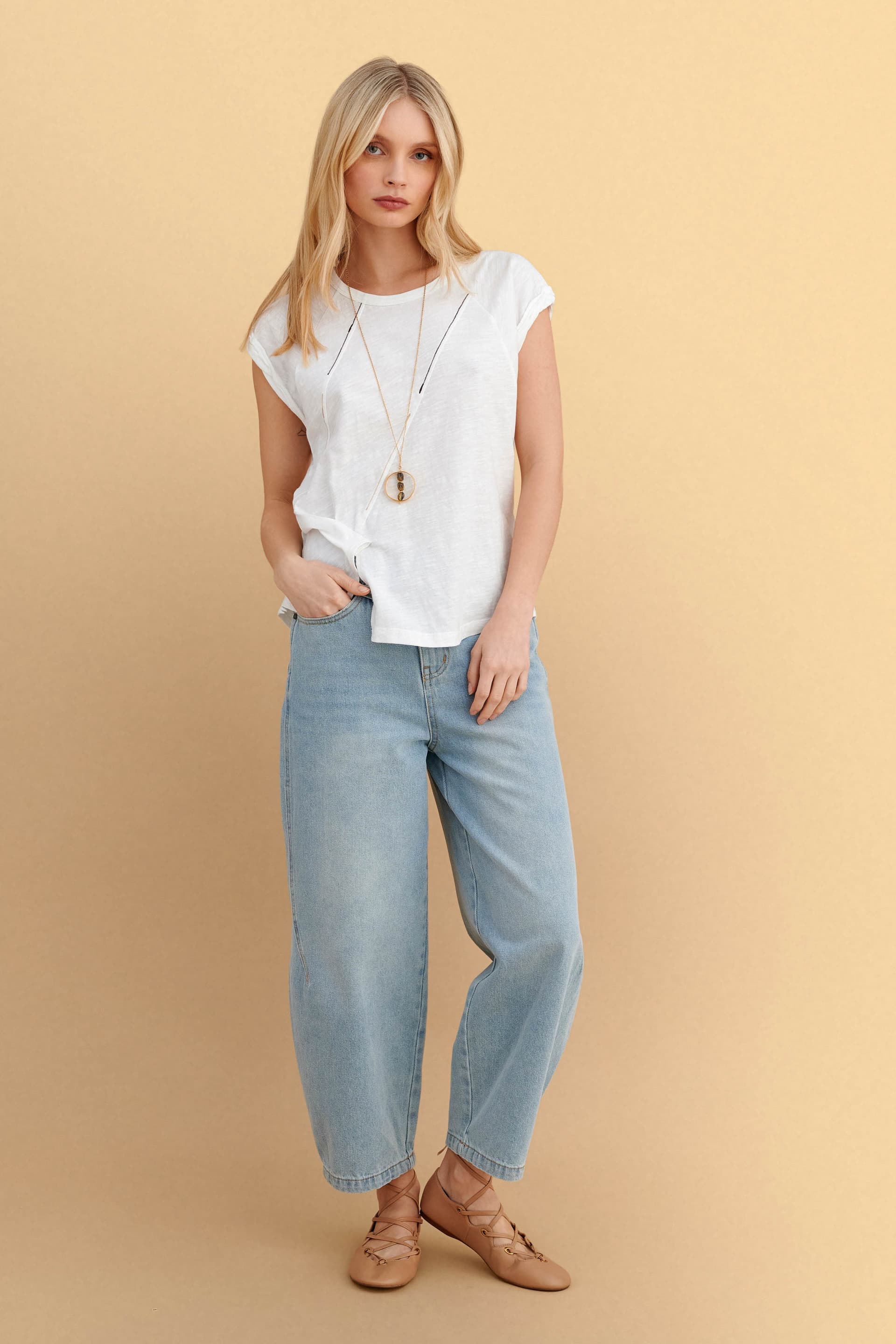 Μπλούζα κοντομάνικη με ραφές - Λευκό