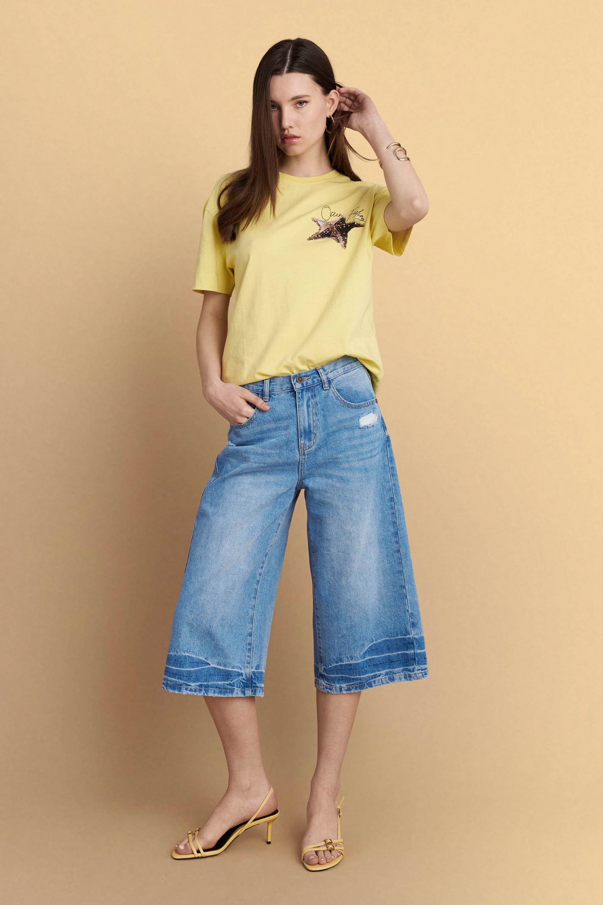 Μπλούζα κοντομάνικη με στάμπα πίσω - YELLOW