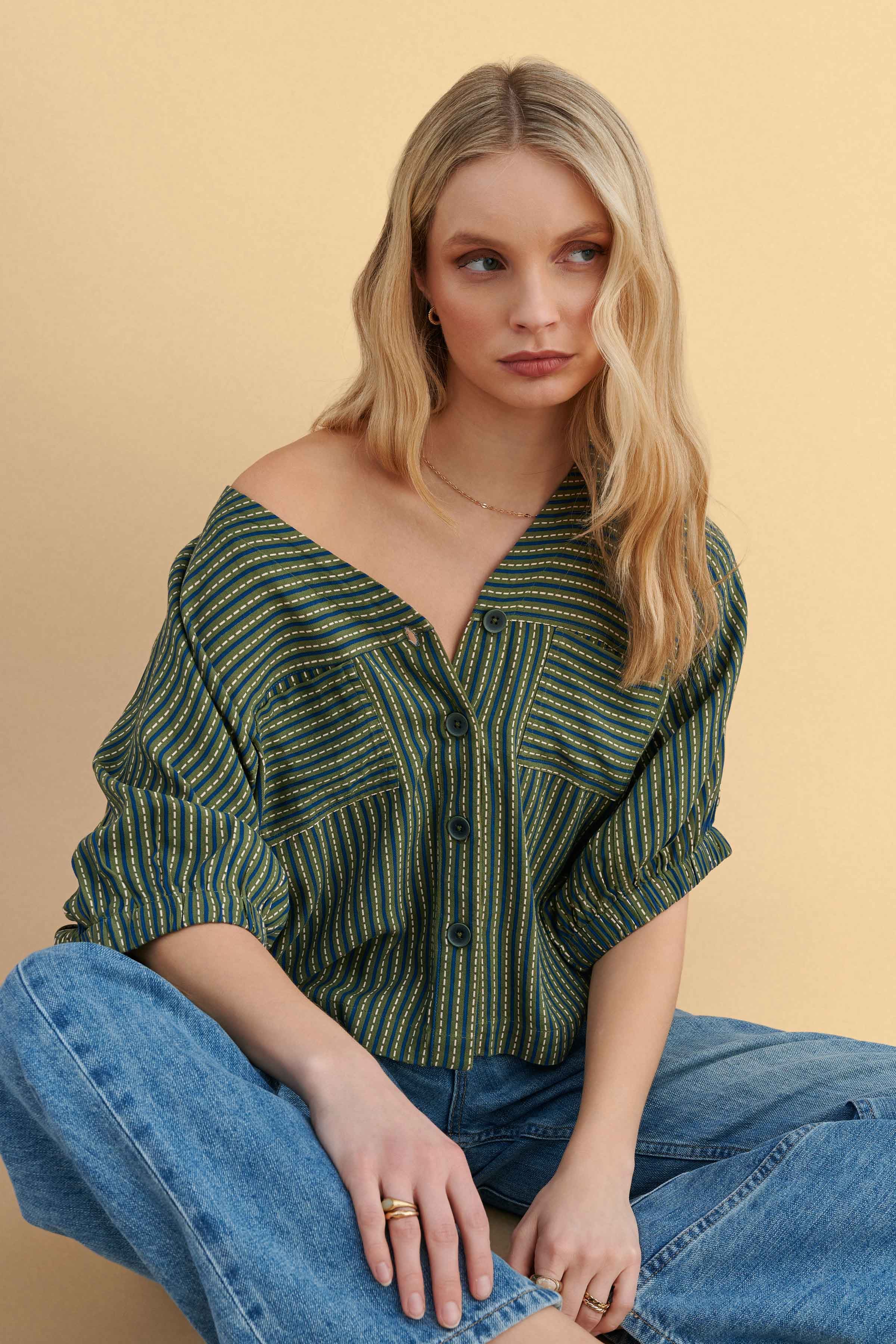 Πουκάμισο ριγέ με τσέπες - Χακί