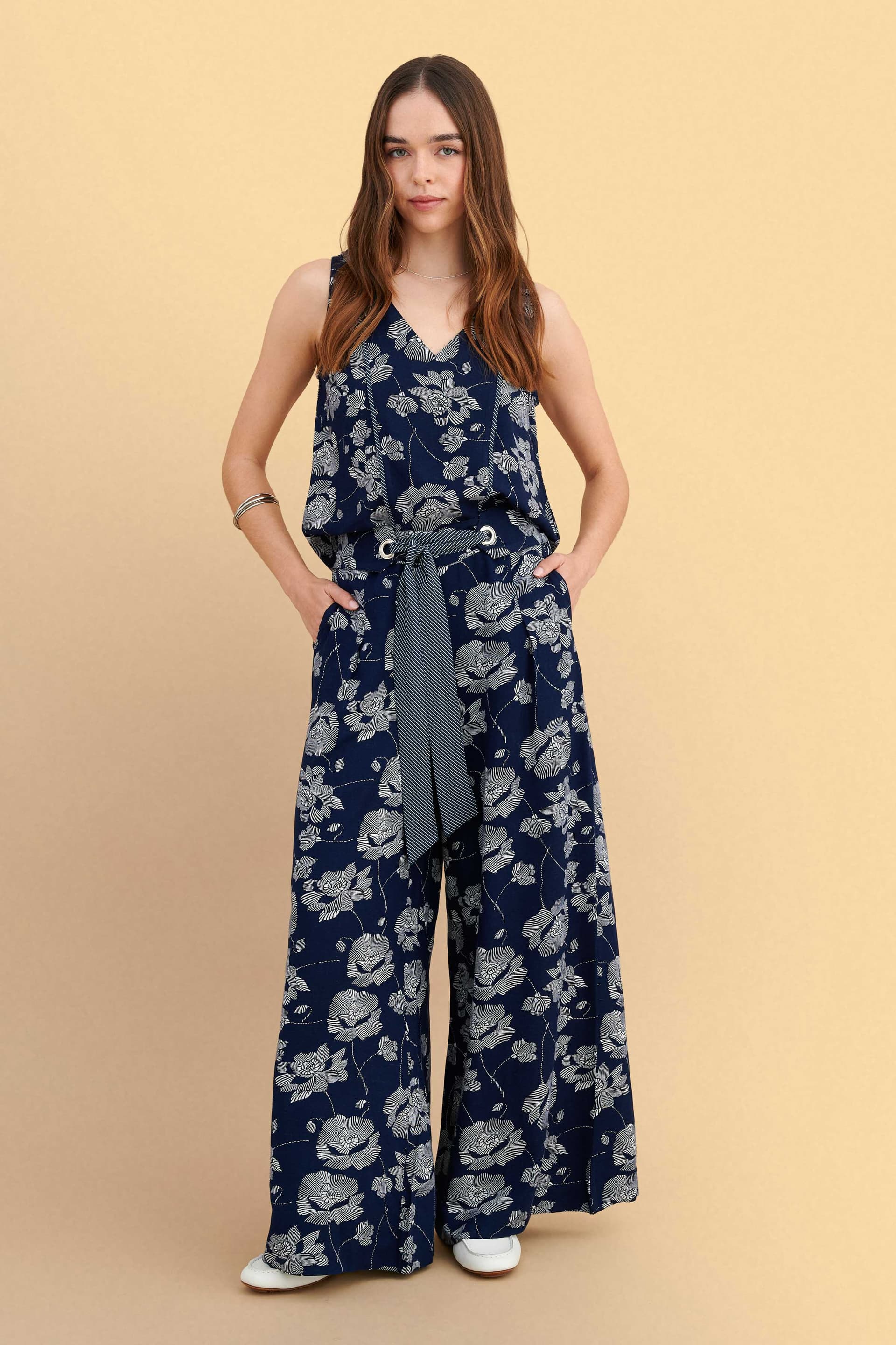 Παντελόνα φλοράλ με ζώνη - Μπλε