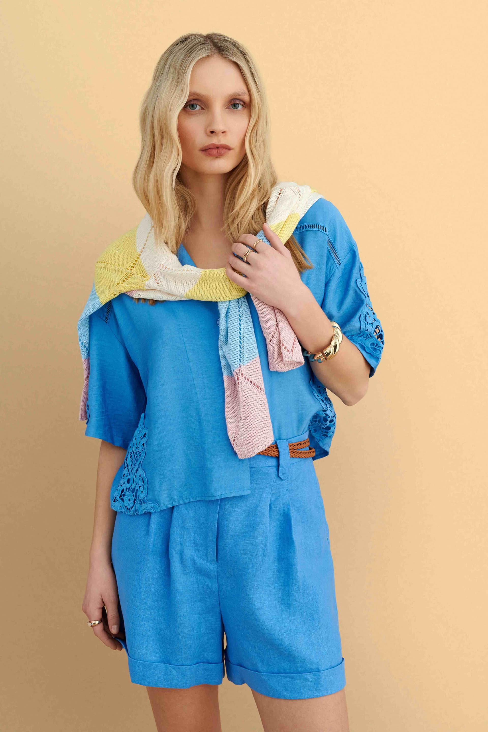 Πουκάμισο κοντομάνικο με δαντέλα - BLUE SKY