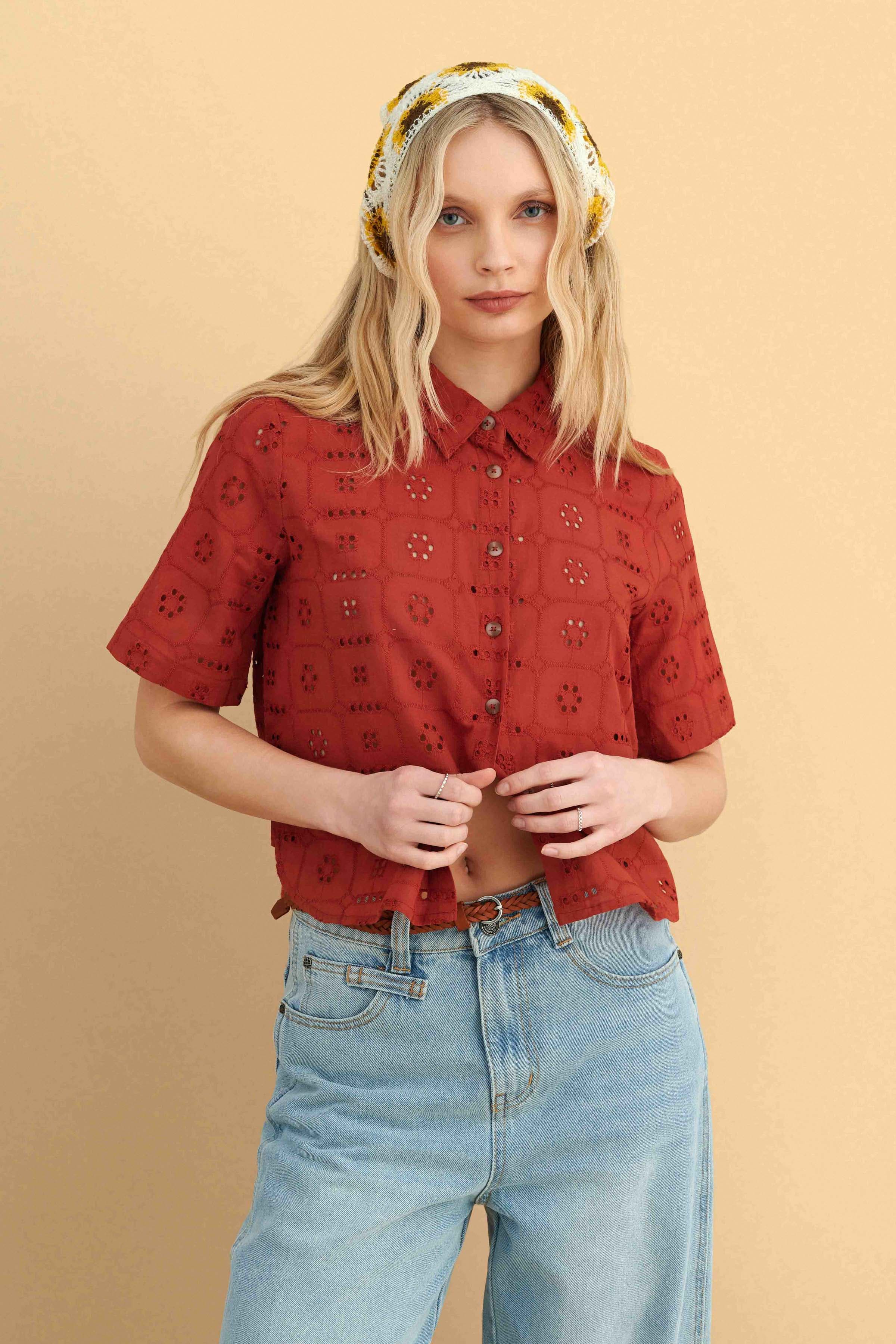 Πουκαμισο broderie με κοντο μανίκι - Κόκκινο