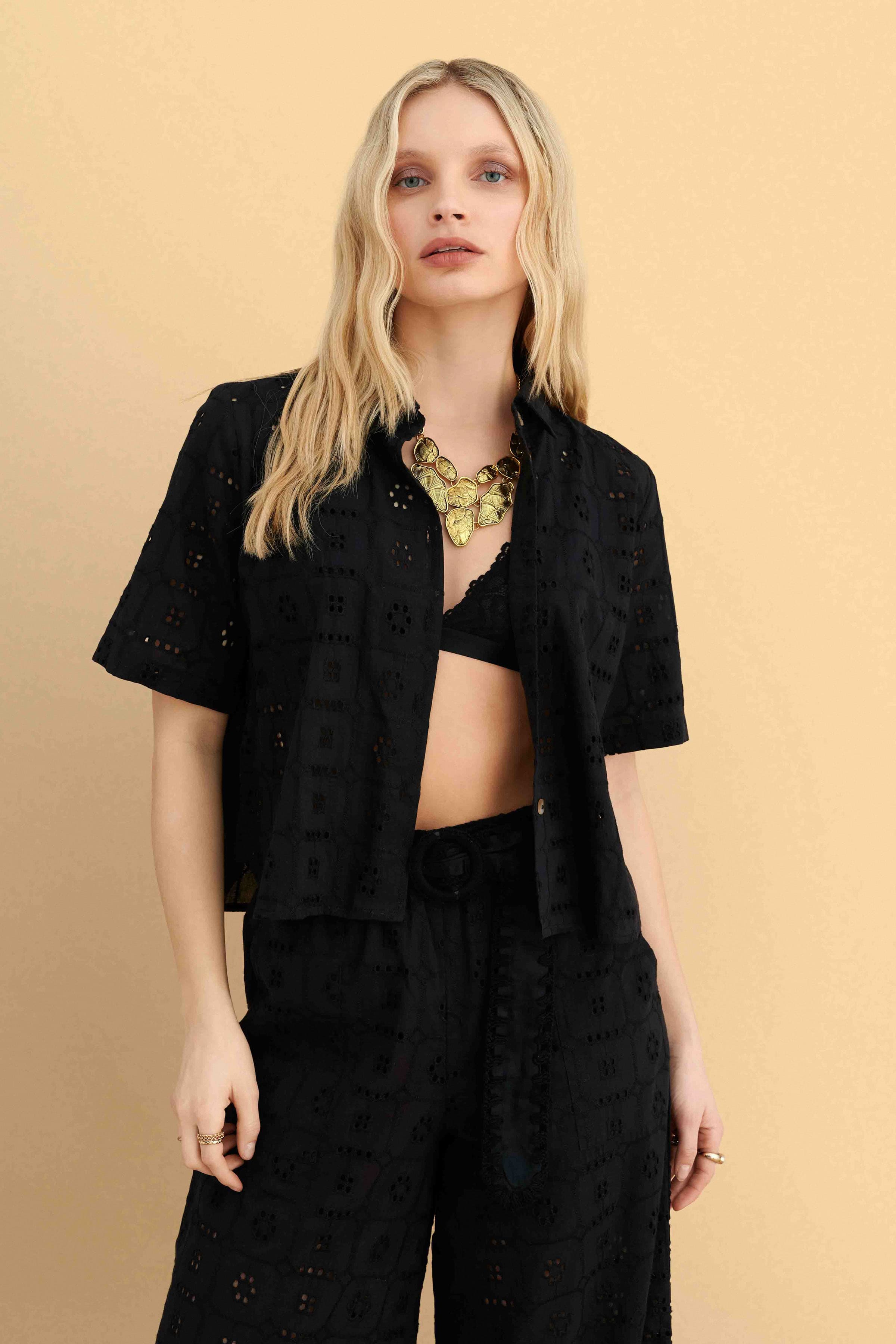 Πουκαμισο broderie με κοντο μανίκι - Μαύρο