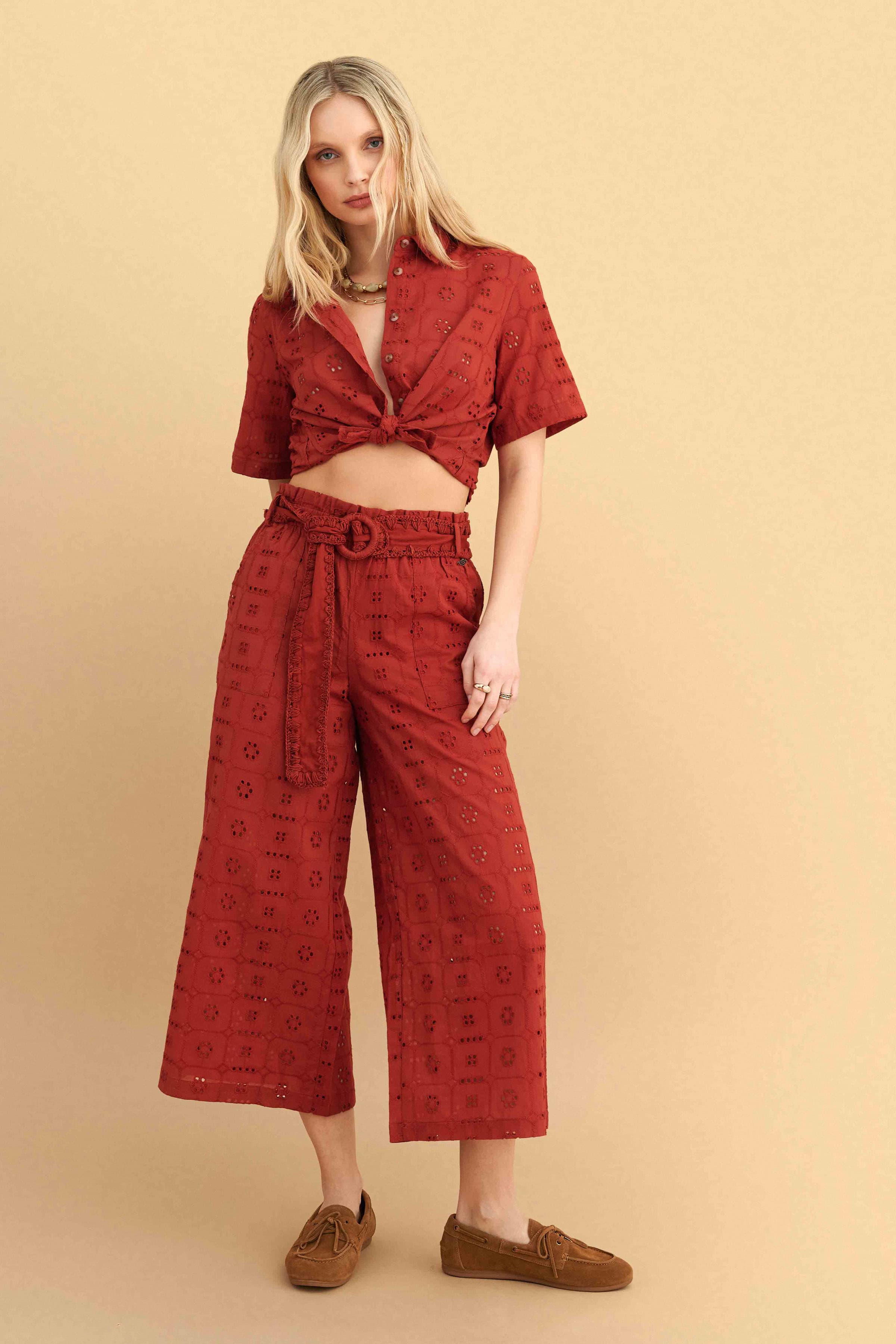 Ζιπ κιλότ broderie με ζώνη - Κόκκινο