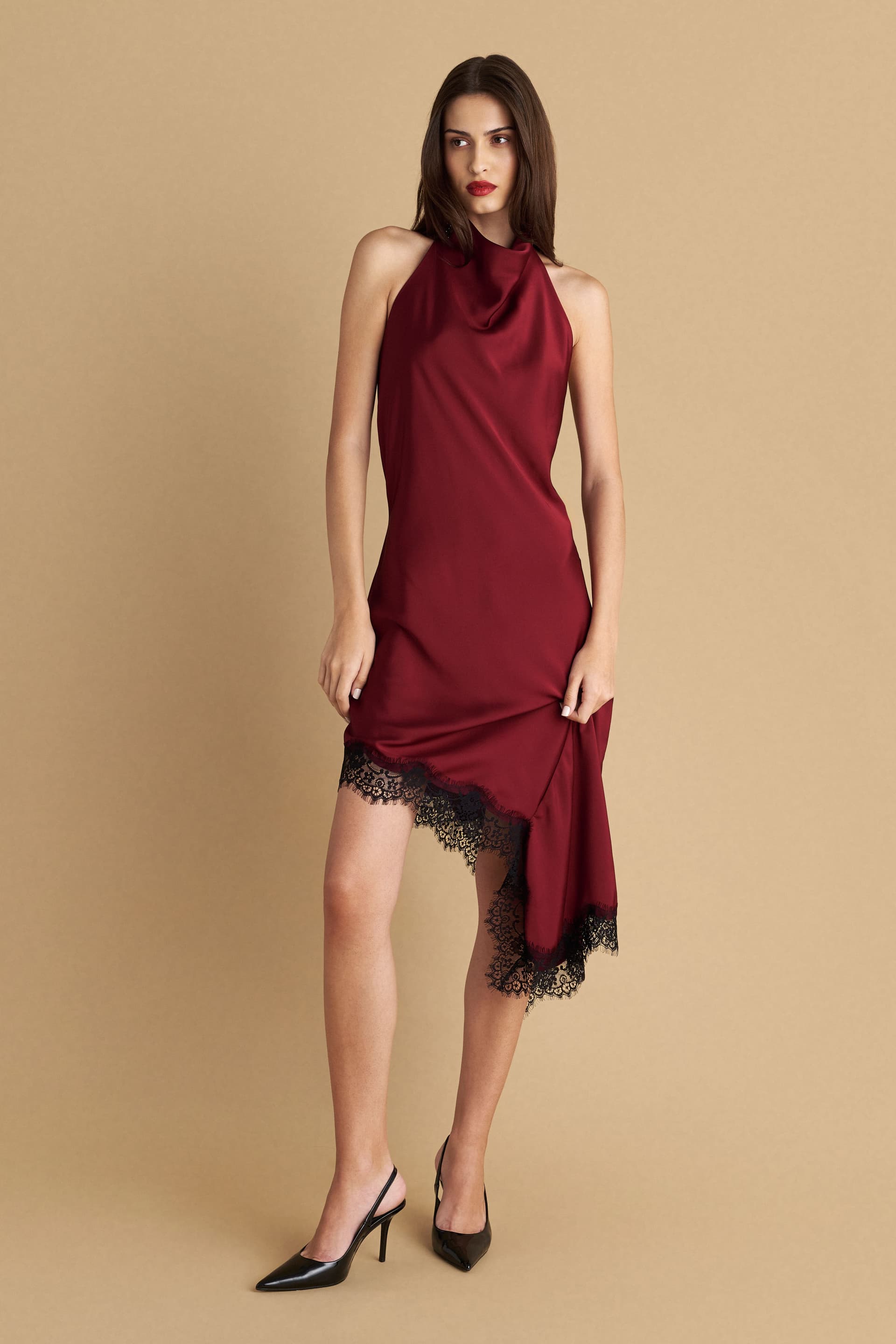 Φόρεμα μίντι με σατέν υφή και δαντέλα - BORDEAUX