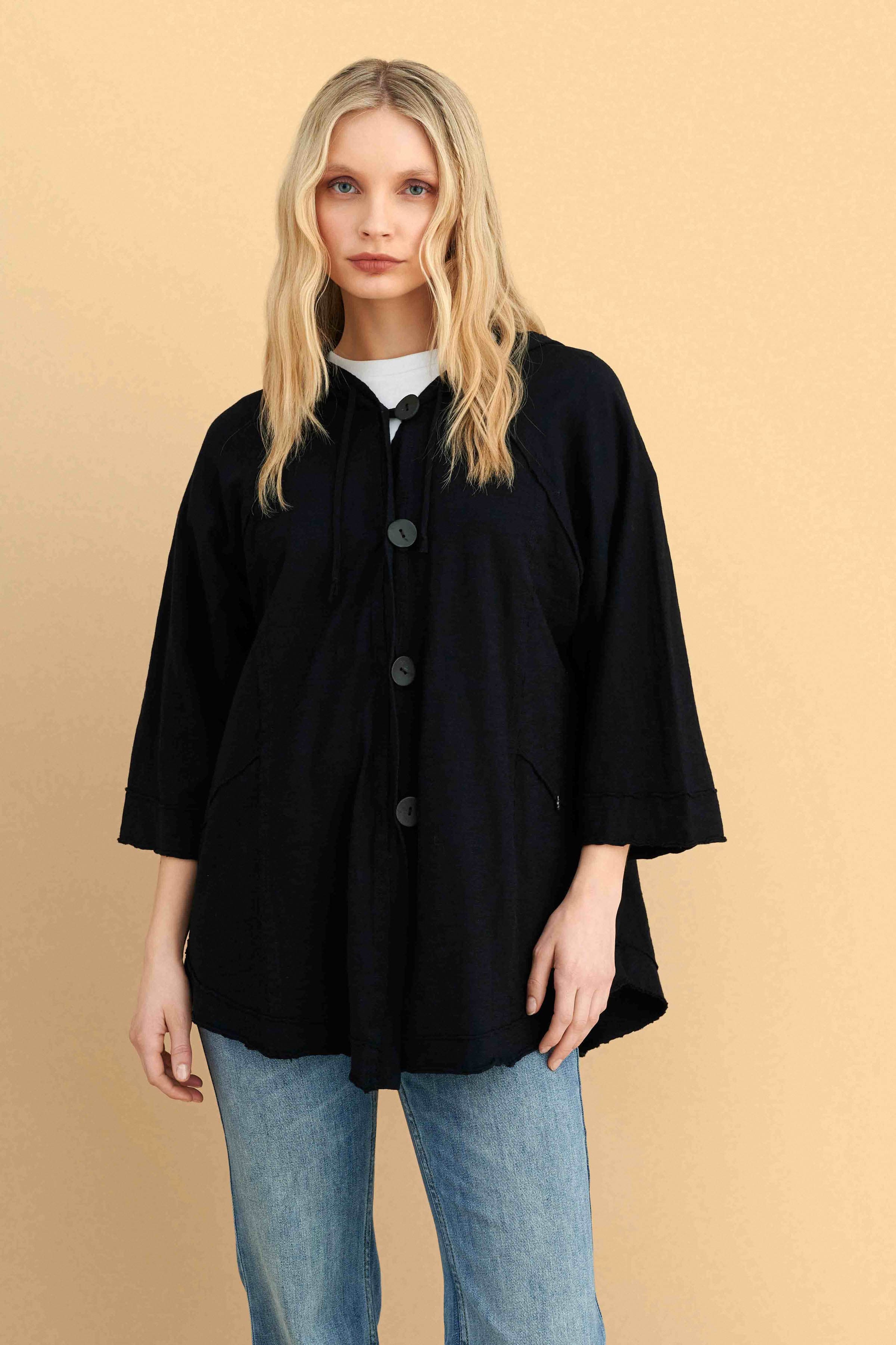 Ζακέτα φλάμα με κουκούλα - Μαύρο