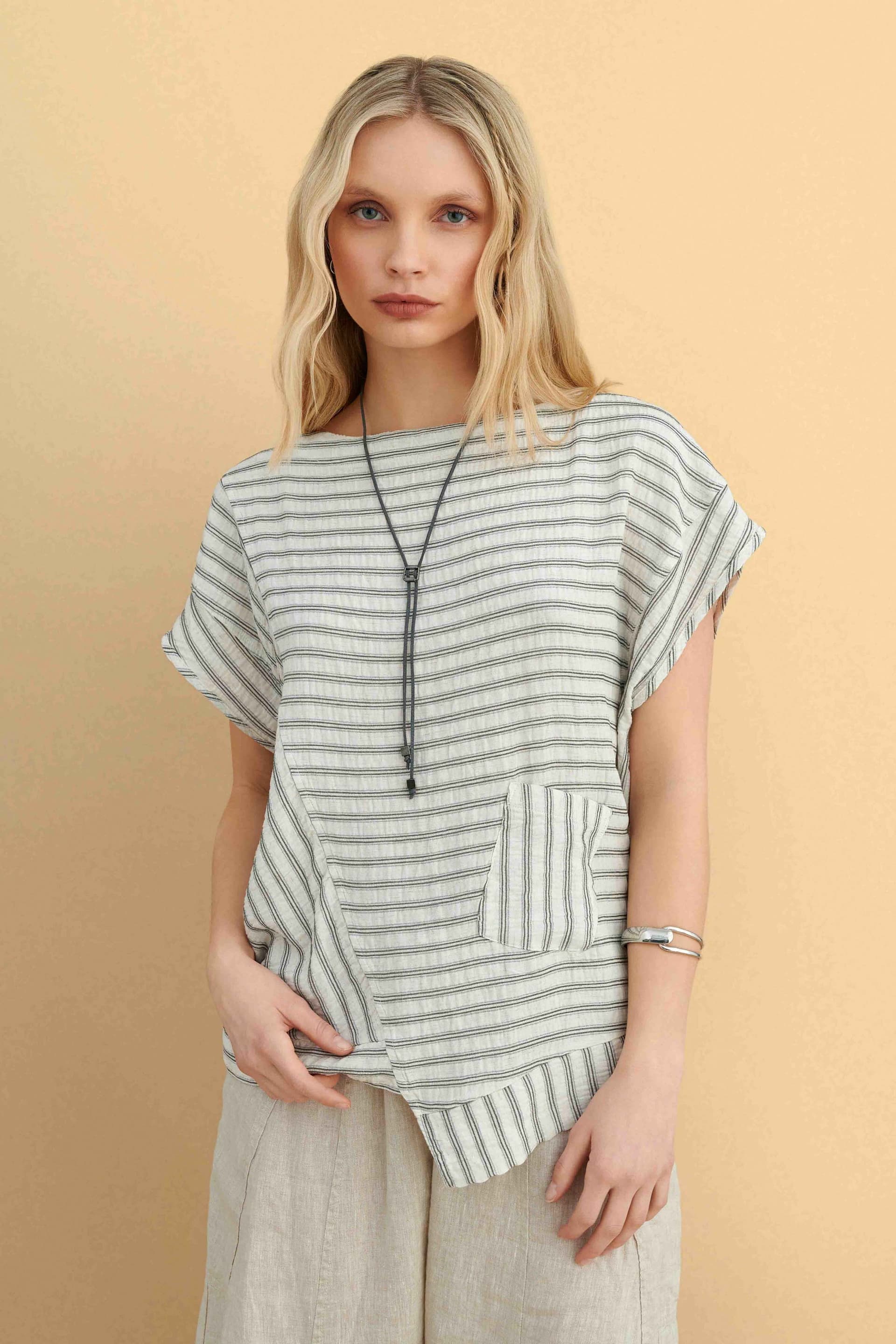 Μπλούζα ασύμμετρη ριγέ - Λευκό