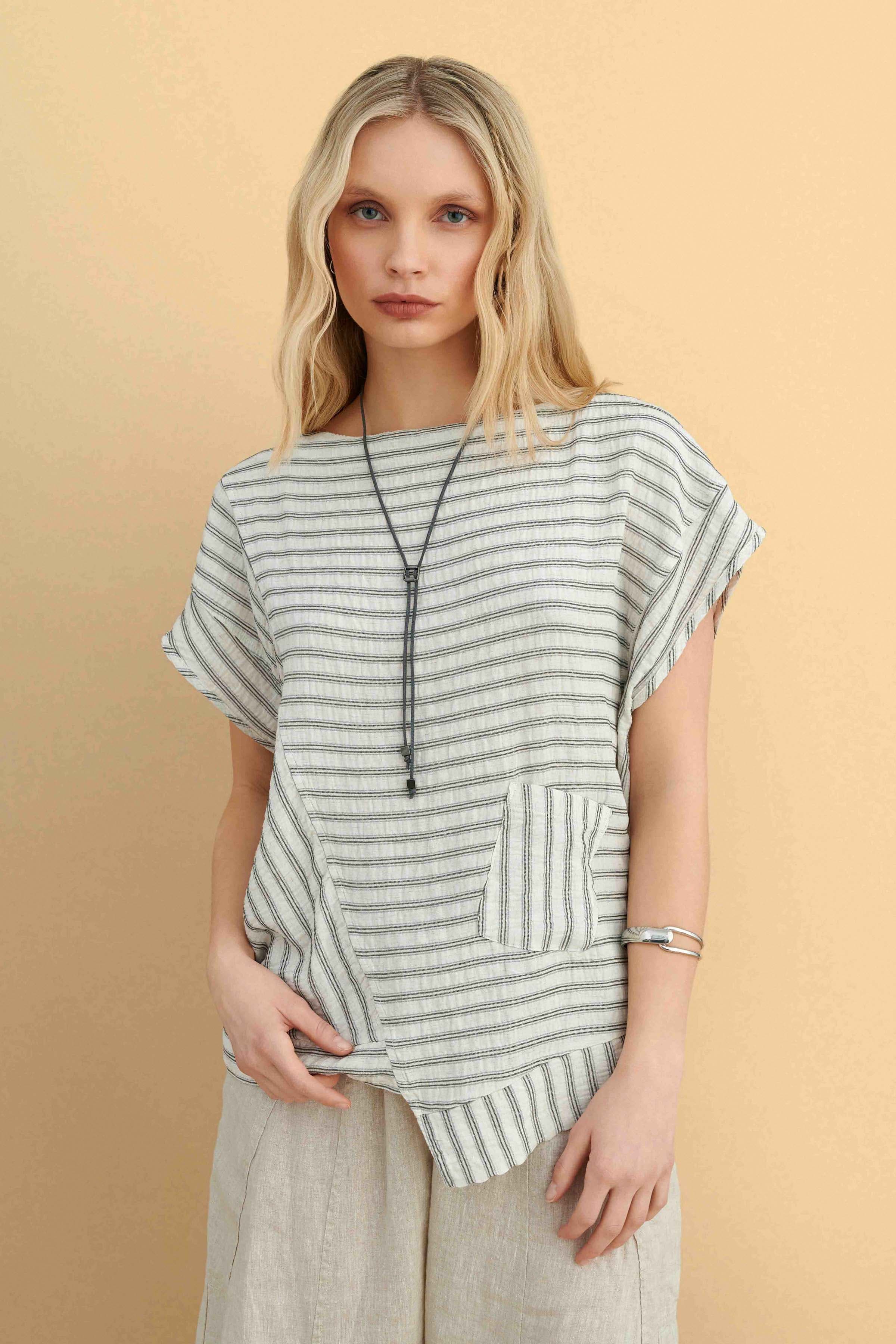 Μπλούζα ασύμμετρη ριγέ - Λευκό