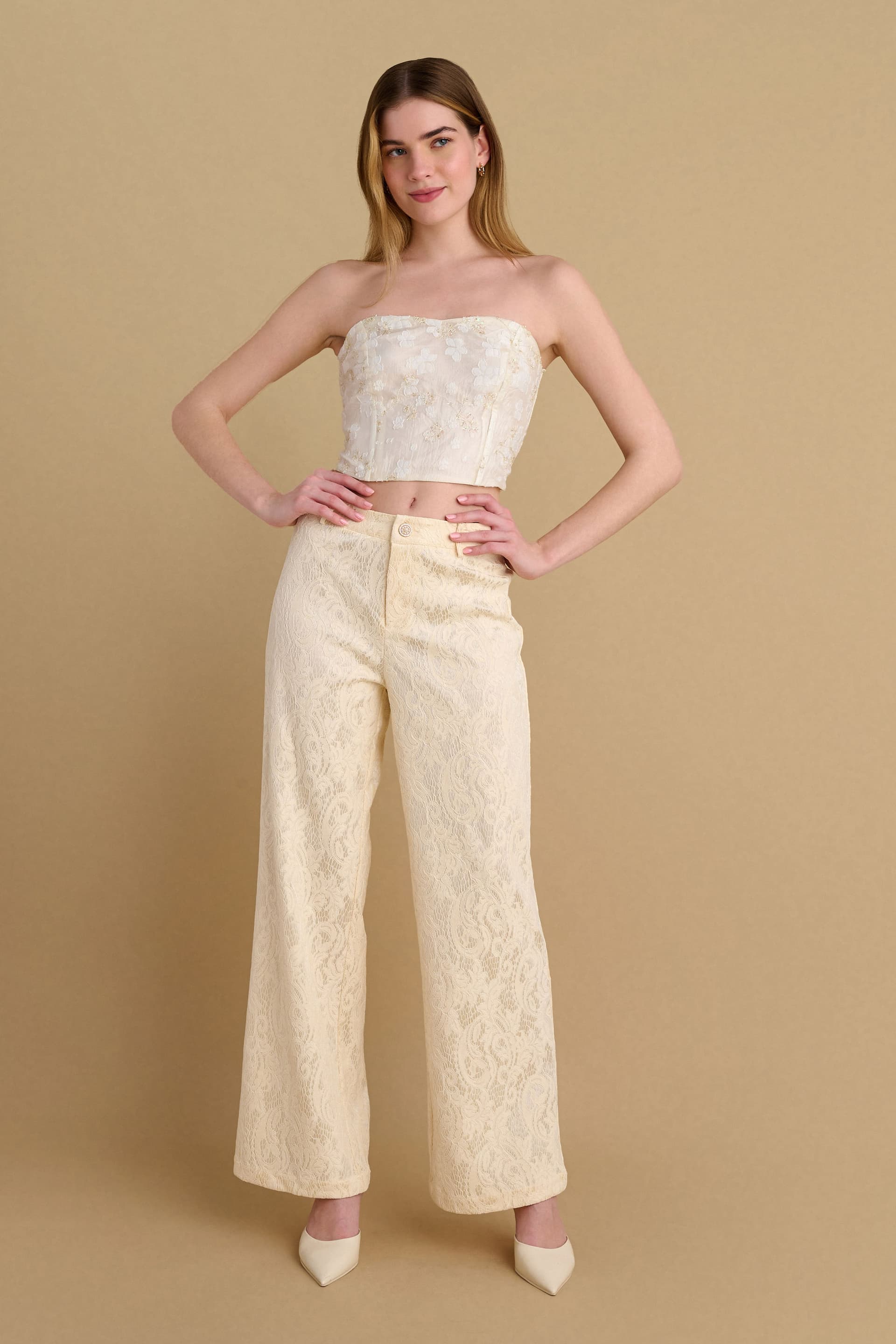 Παντελόνι ίσιο δαντέλα - Εκρού