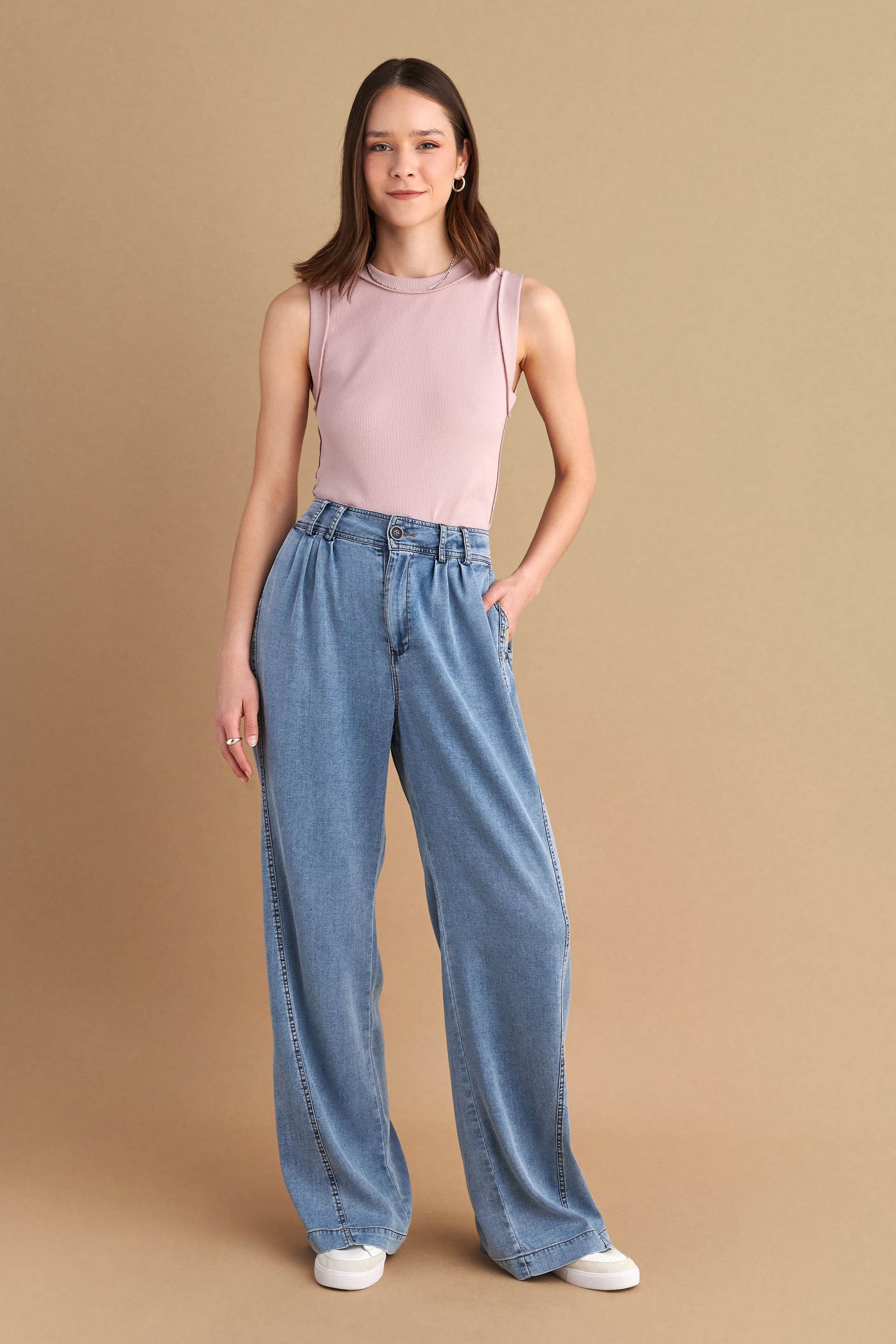 Παντελόνι wide leg τύπου denim - Μπλε