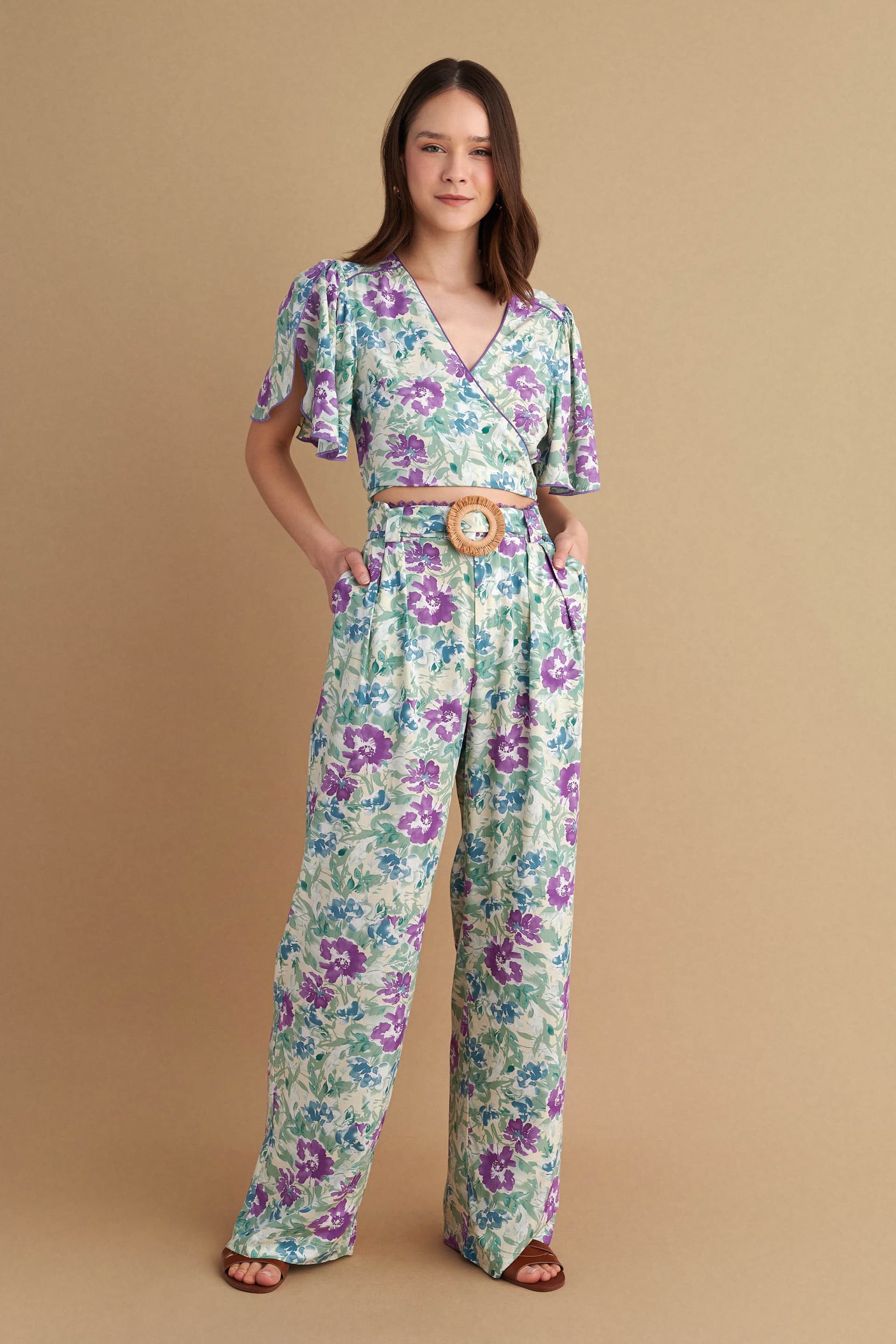 Παντελόνα φλοράλ με ζώνη - Πολύχρωμο