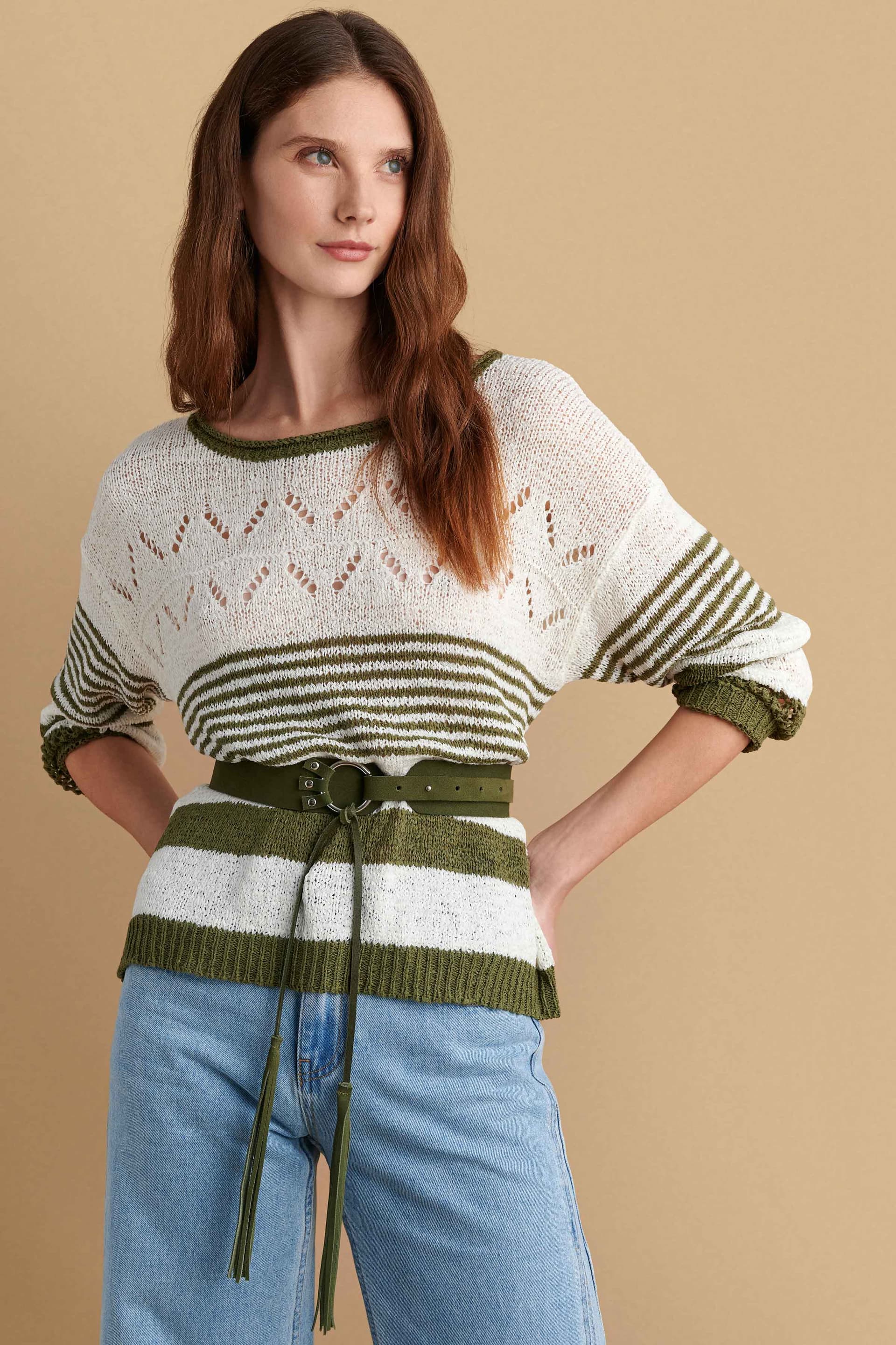 Μπλούζα πλεκτή με ριγέ σχέδιο - Χακί