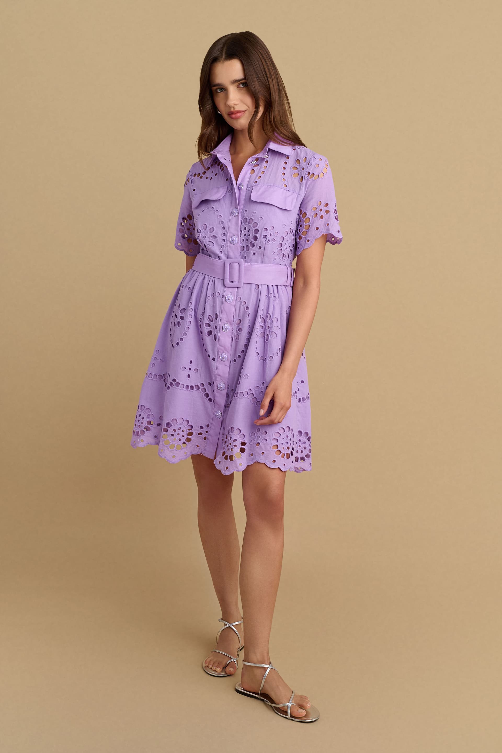 Φόρεμα κοντό broderie με ζώνη - LILAC