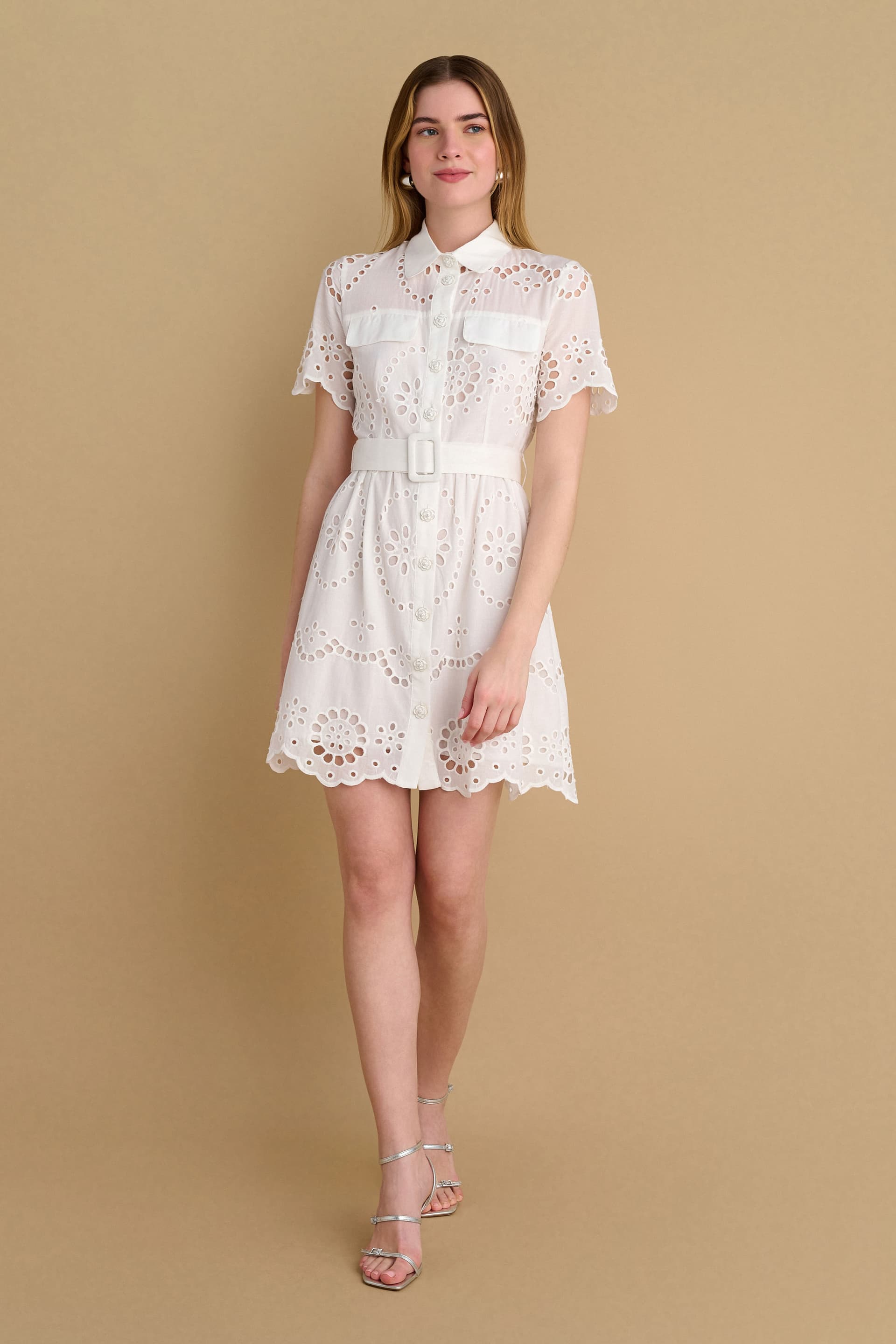 Φόρεμα κοντό broderie με ζώνη - Λευκό