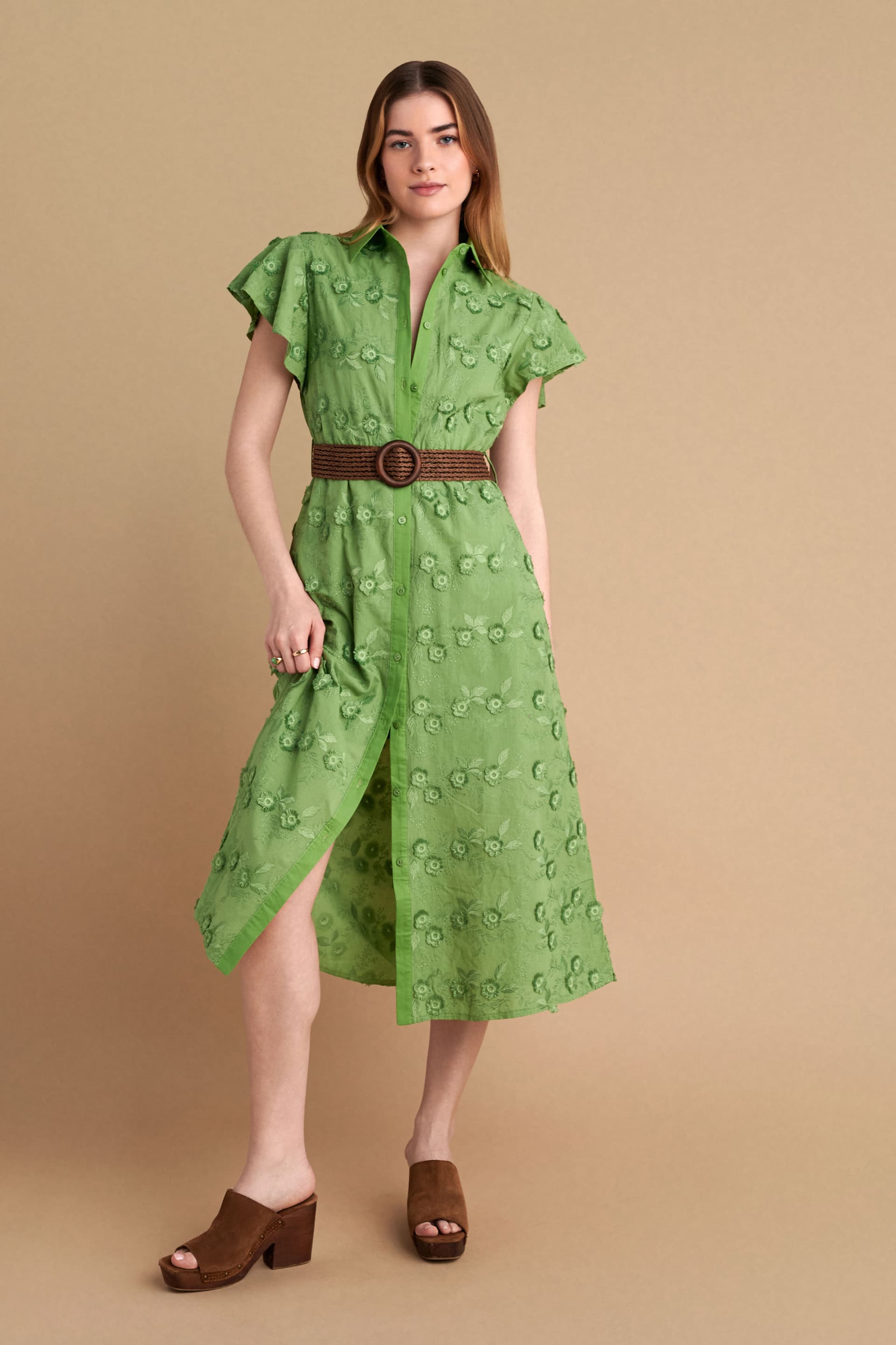 Φόρεμα με ζώνη και 3D λουλούδια - Πράσινο