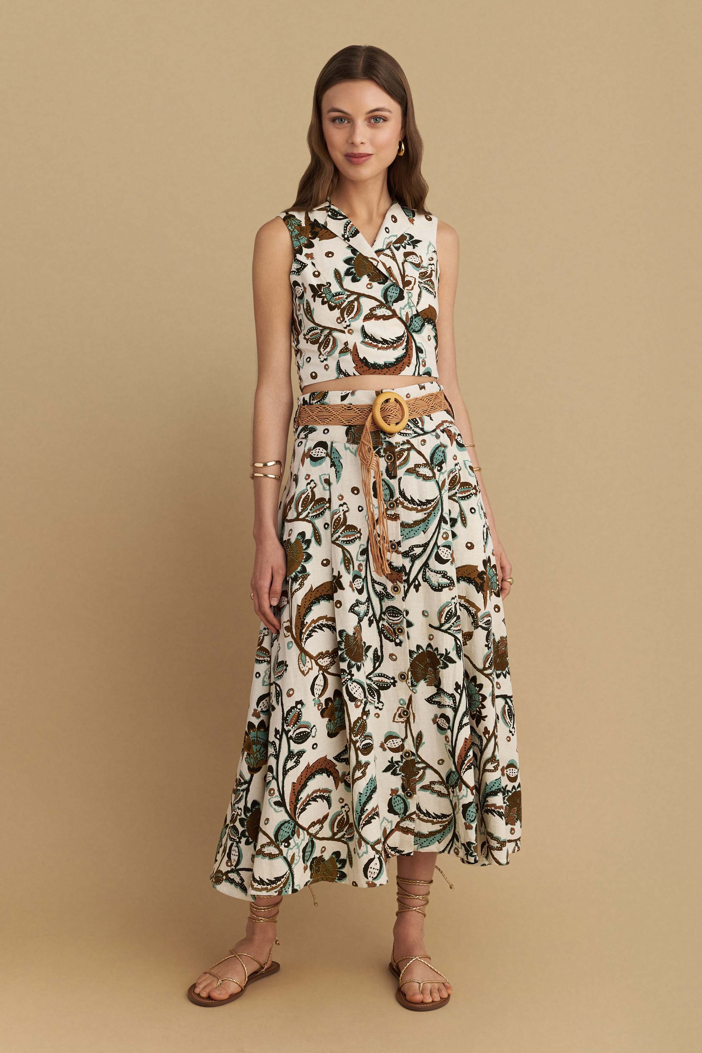 Midi εμπριμέ φούστα με ζώνη - Πολύχρωμο