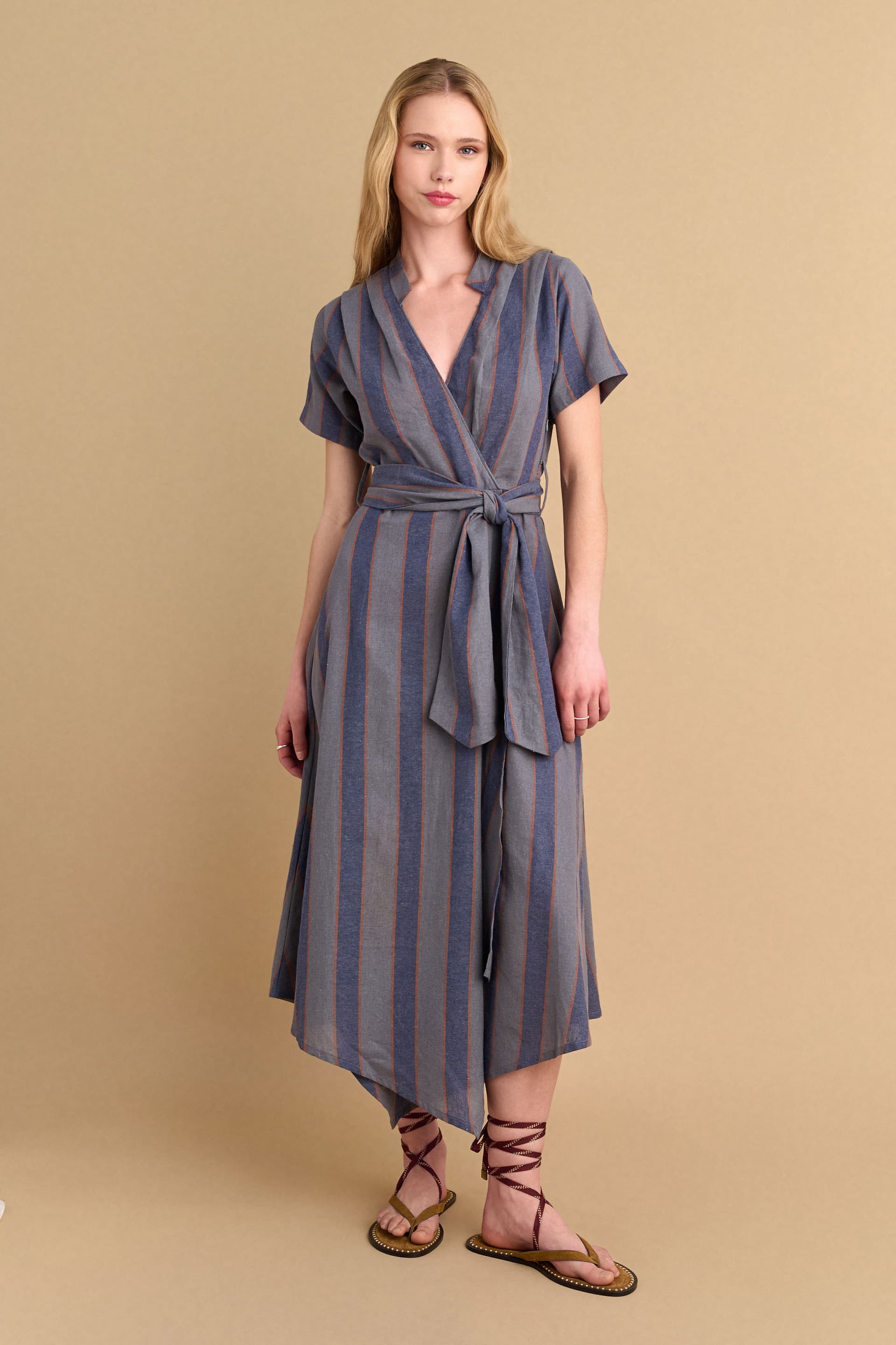 Φόρεμα ριγέ λινό - Μπλε