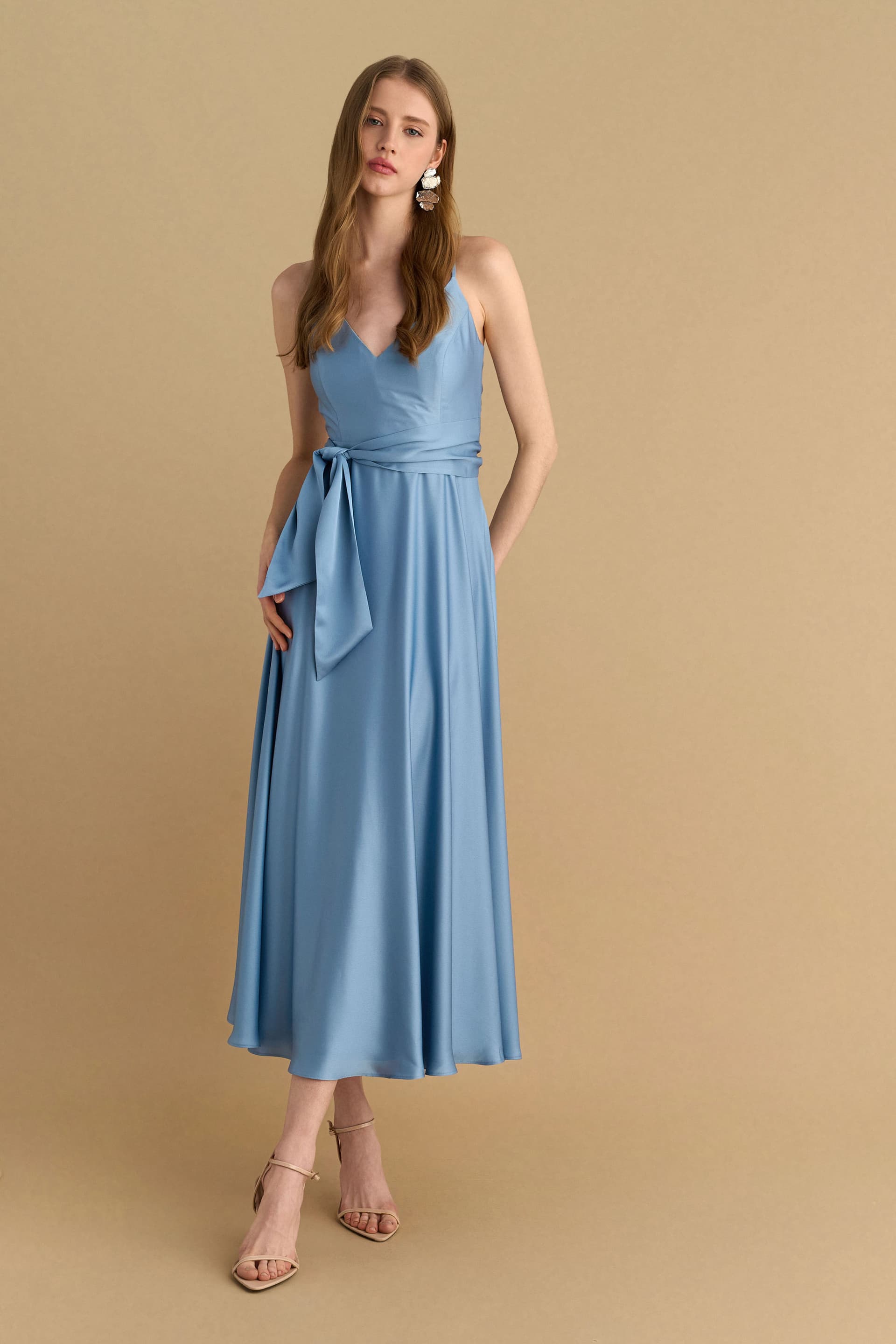 Φόρεμα μίντι σατέν - Μπλε