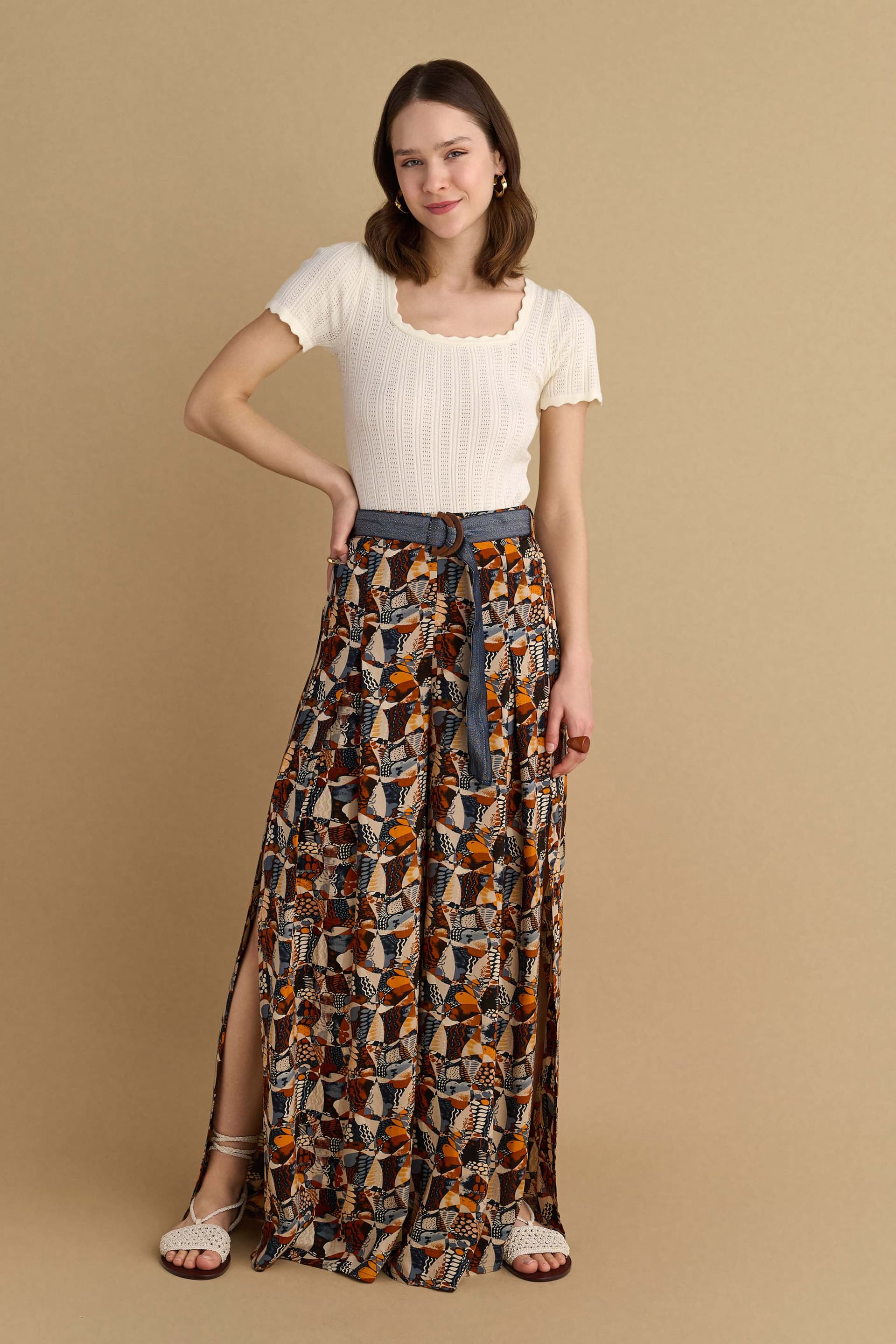 Παντελόνα εμπριμέ με denim ζώνη - Πολύχρωμο