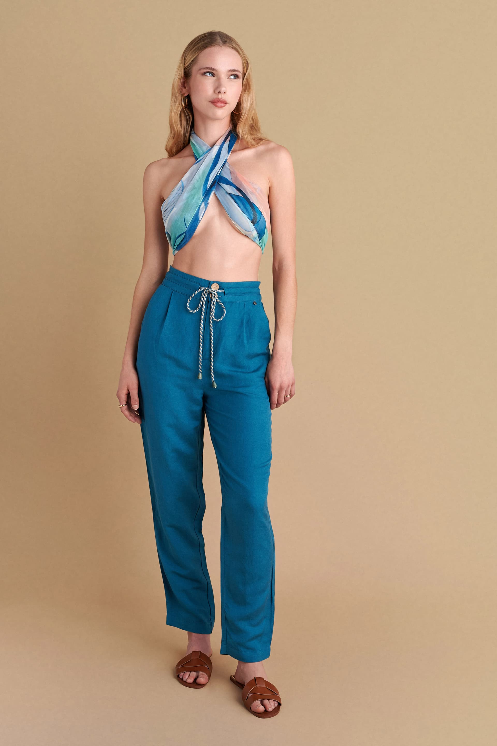 Παντελόνι λινό με κορδόνι - PETROL